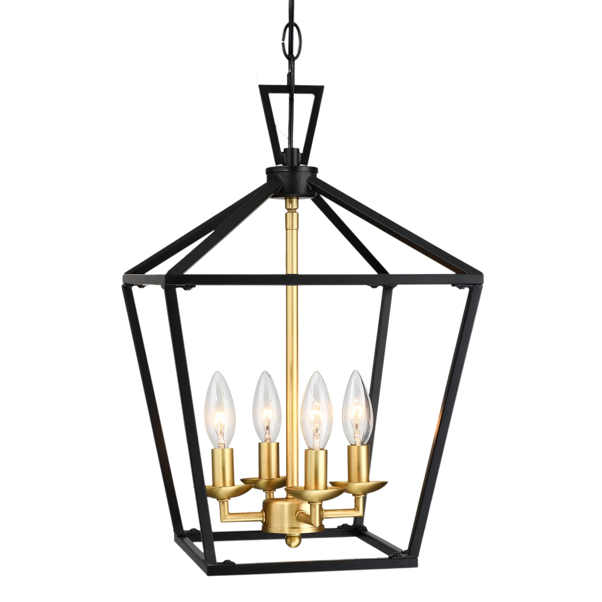 Untrammelife 4-Light Lantern Pendant Light Black and Gold Brushed Brass Kitchen Pendant Light Modern Geometric Chandelier Adjustable Chain Cage Hanging Pendant Light Fixture for Foyer Dining Room