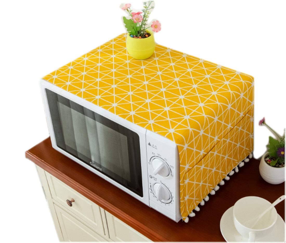 Mvchifay Microwave Oven Cover Dustproof Cotton Machine Protector Decorative Kitchen Appliance Cover with Side Storage Pockets 11.8x35.4inches (Yellow Grids)