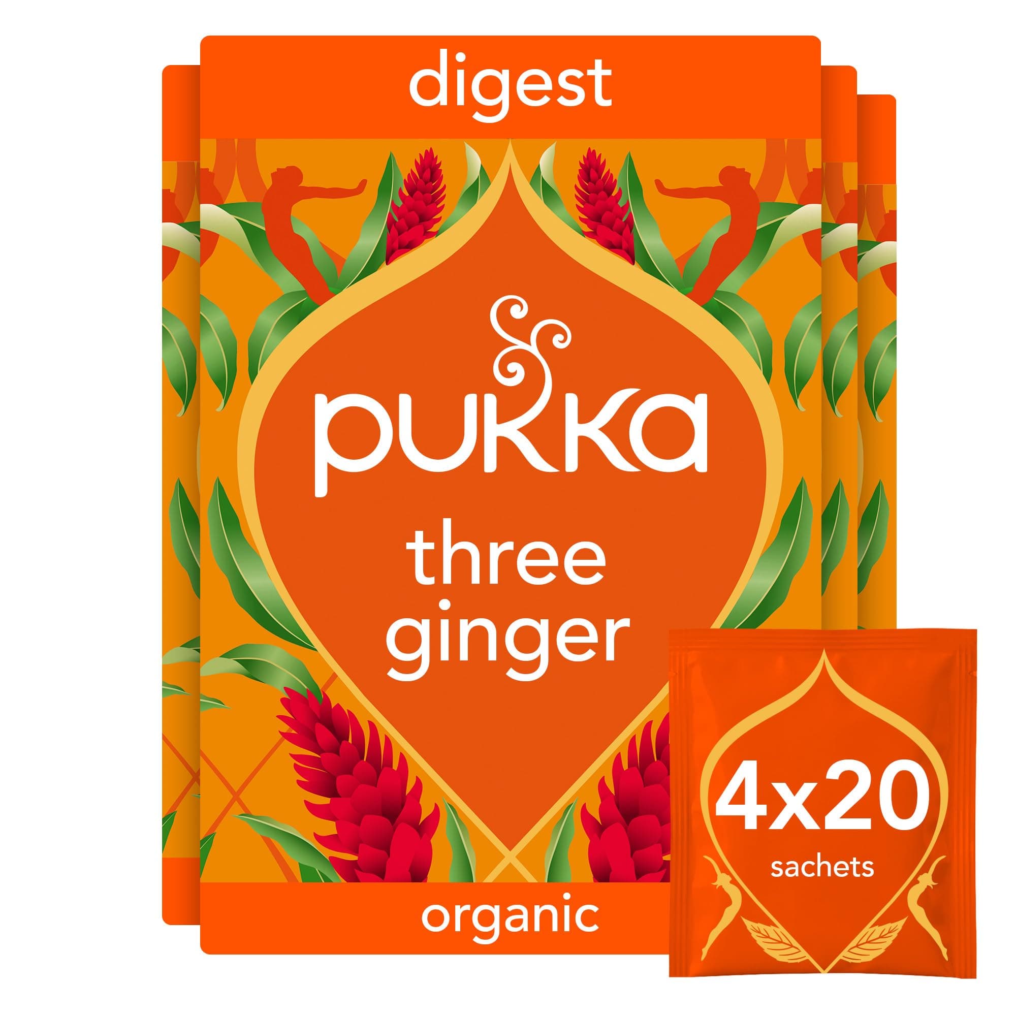 Three Ginger Organic Herbal Tea Box | Digestion-Aiding Infusion With Ginger, Turmeric, And Galangal | Ideal After Meals | Caffeine Free | 4 Packs | 80 Plant Based Biodegradable Tea Bags
