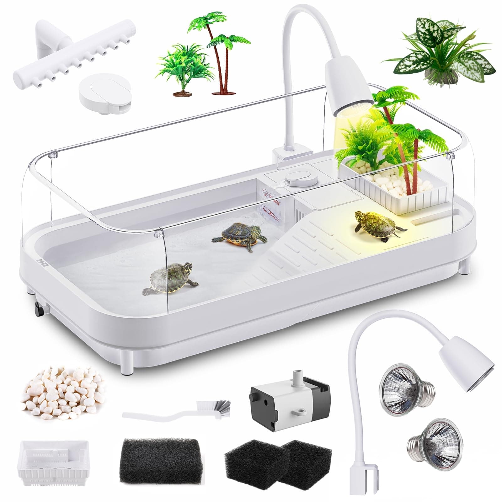 Large Turtle Tank Kit (Tank+Lamp+Filter), Acrylic Turtle Tank Starter Kit with Heightened and Curved Fences, Bottom Drainage, Multi-Function Areas
