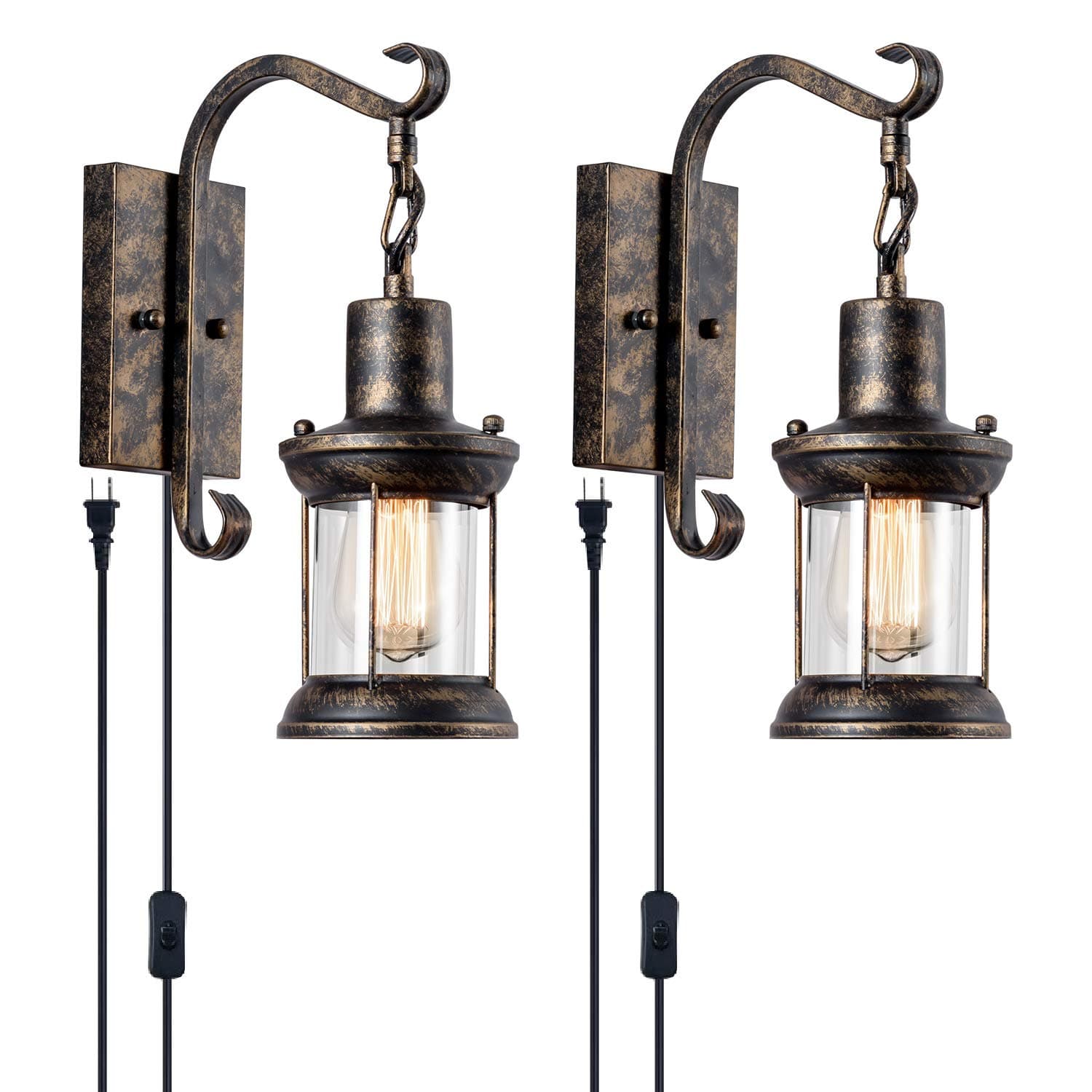 Rustic Wall Lamps, Lantern Wall Sconce Plug in Oil Rubbed Bronze Antique Wall Sconce Fixtures Farmhouse Interior Wall Lighting for Bedroom Bathroom Living Room Café (2 Pack)