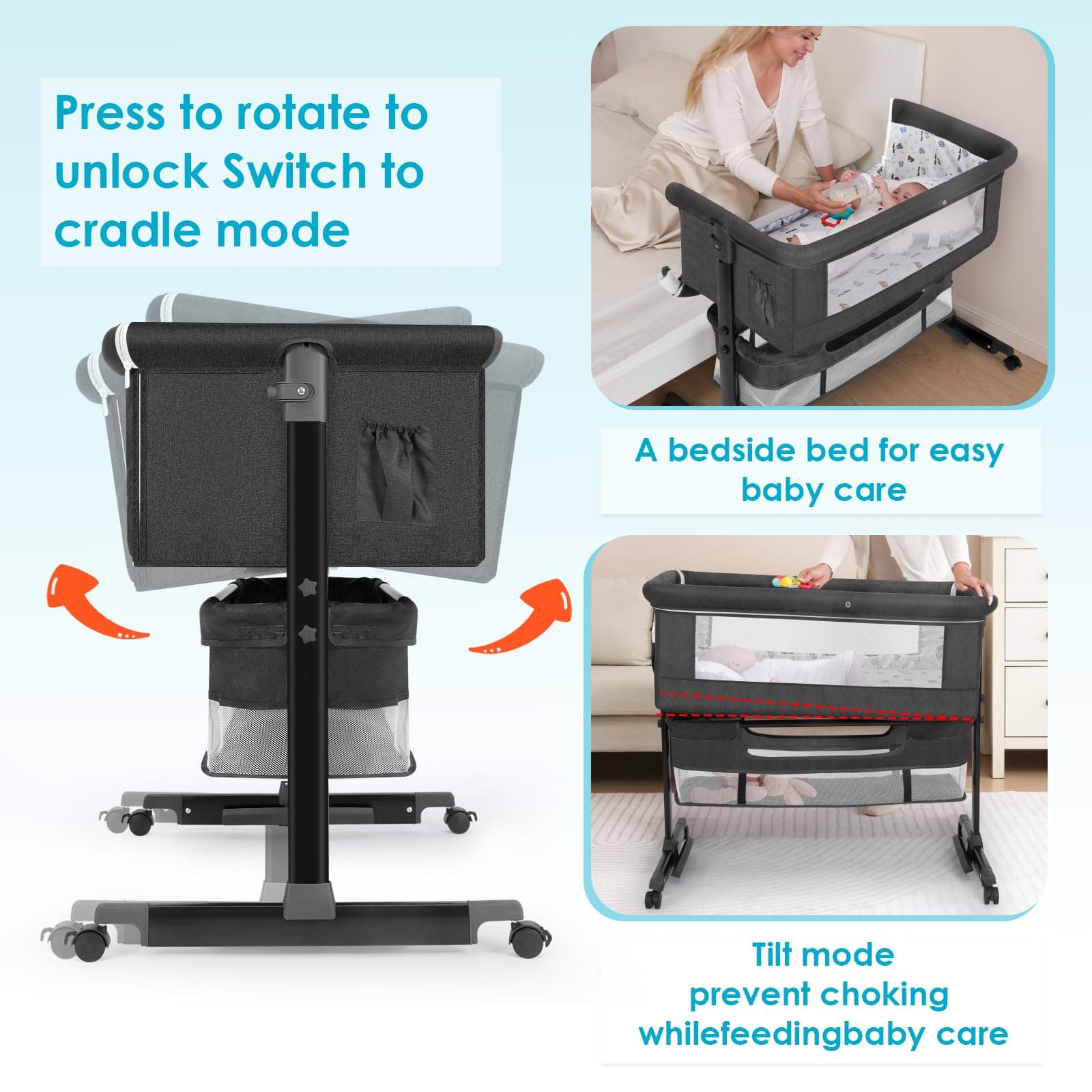 Baby Bassinet, Baby Basinet Bedside Sleeper, Easy to Fold Portable Crib Side Bassinet 2025new Style Girl/boy bassinets (Dark Gray)