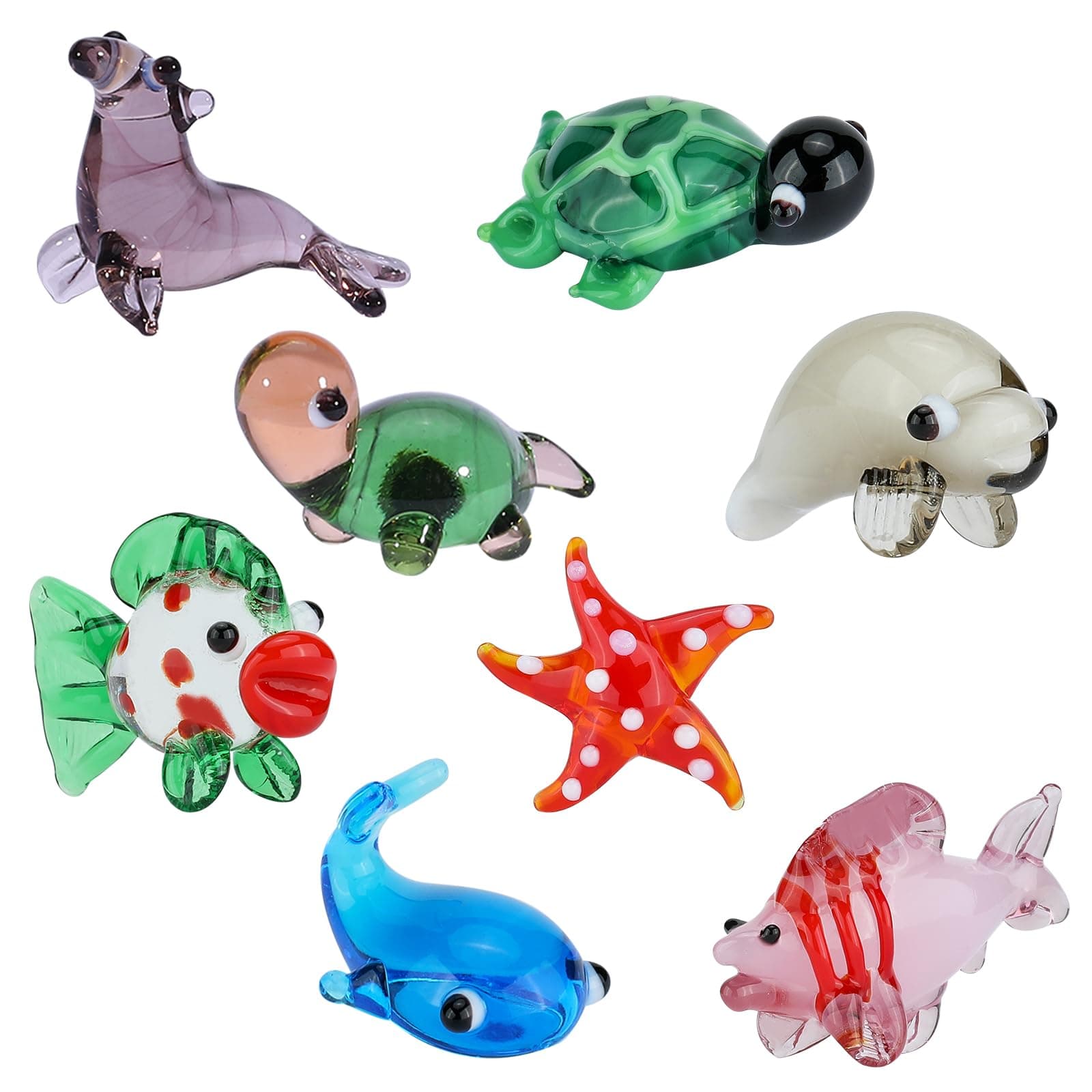 8 Pcs Tiny Glass Animals Blown Mini Glass Figurines Handmade Lampwork Animal Figurines Sets for Home Decoration Collectibles and Gifts(Marine Animals)