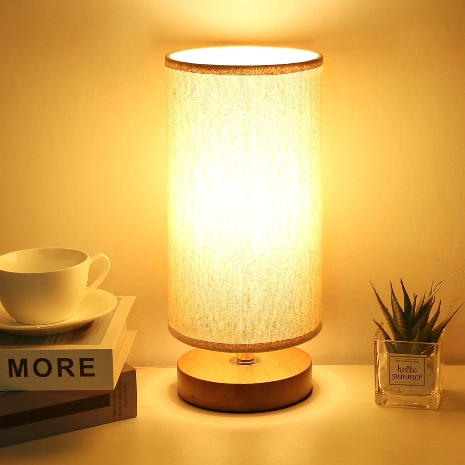 kakanuo Round Bedside Table Lamp, Minimalist Solid Wood Nightstand Lamp, Round Bedside Simple Desk Lamp with Fabric Shade for Baby Room, Kids Room, Living Room