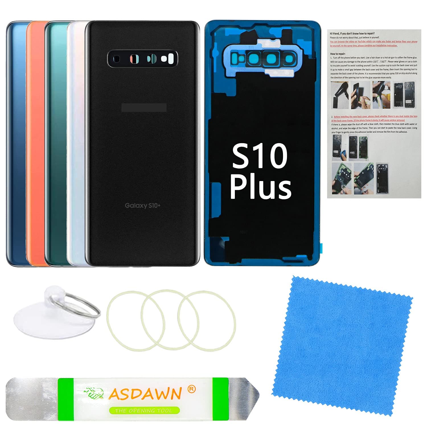 Galaxy S10+ Back Cover Glass Replacement with Pre-Installed Camera Lens +All The Adhesive +Installation Manual +Repair Tool Kit for Samsung Galaxy S10 Plus SM-G975 All Carriers (Prism Black)
