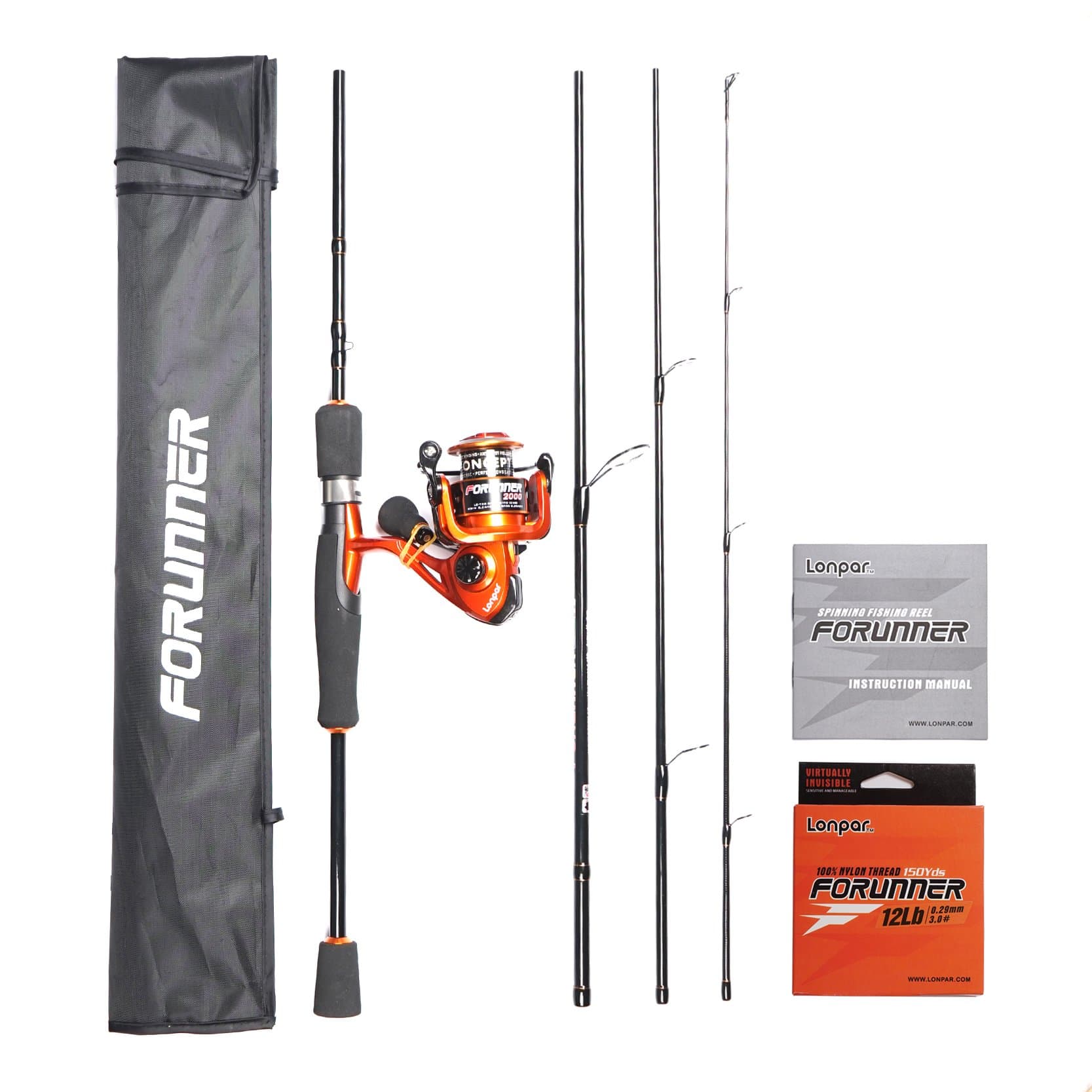LONPAR Forunner Graphite 4 Pieces Spinning Rod and Reel Combos, Travel Portable Spinning Rod with Spinning Reel, Saltwater Freshwater Fishing (6'6'' FT 4 Pcs Mid Rod+2000 Reel+12LB Nylon Line)