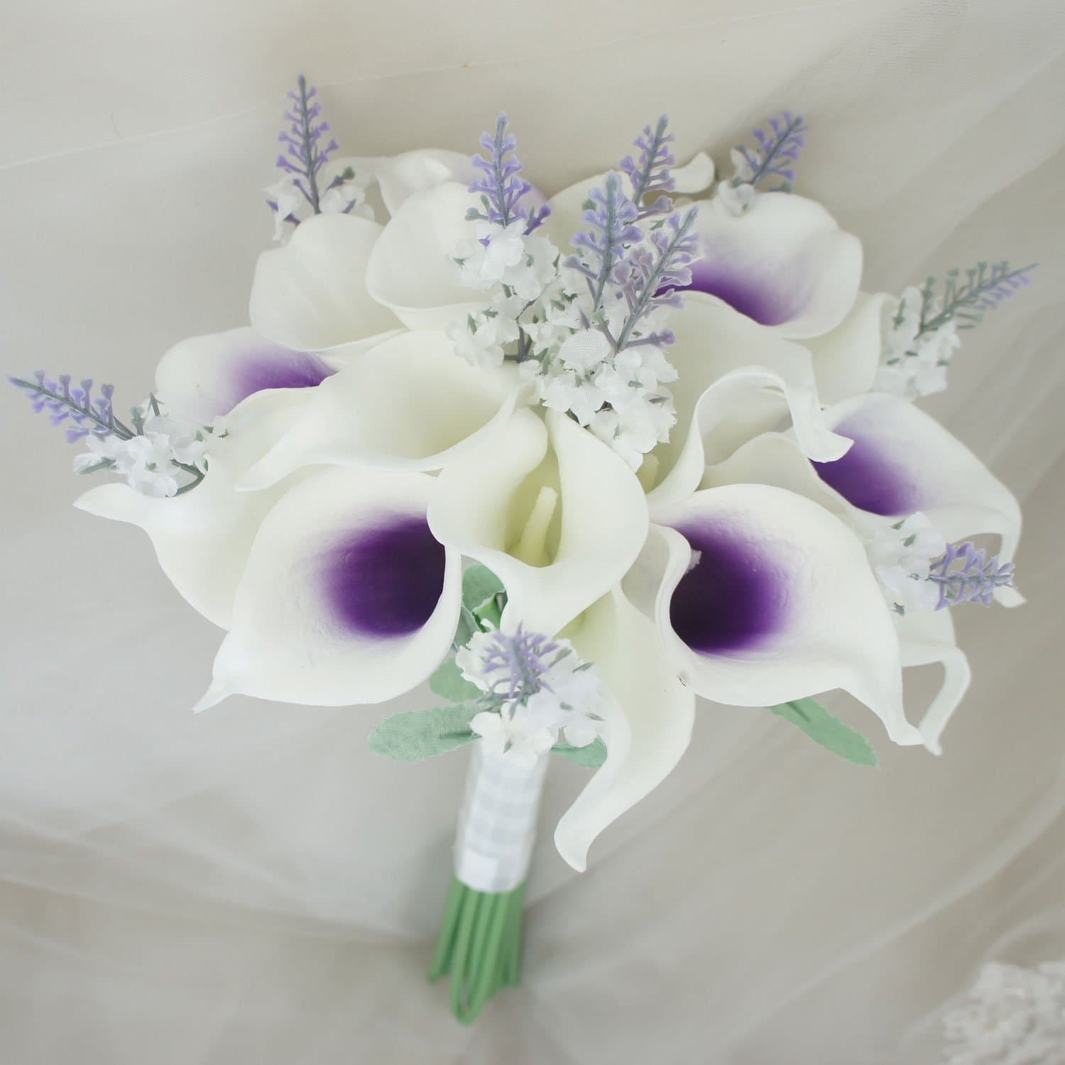 Mini 15" Artificial Calla Lily 16 Stem Flower Bouquets with Ribbon (Purple Center with Lavender)