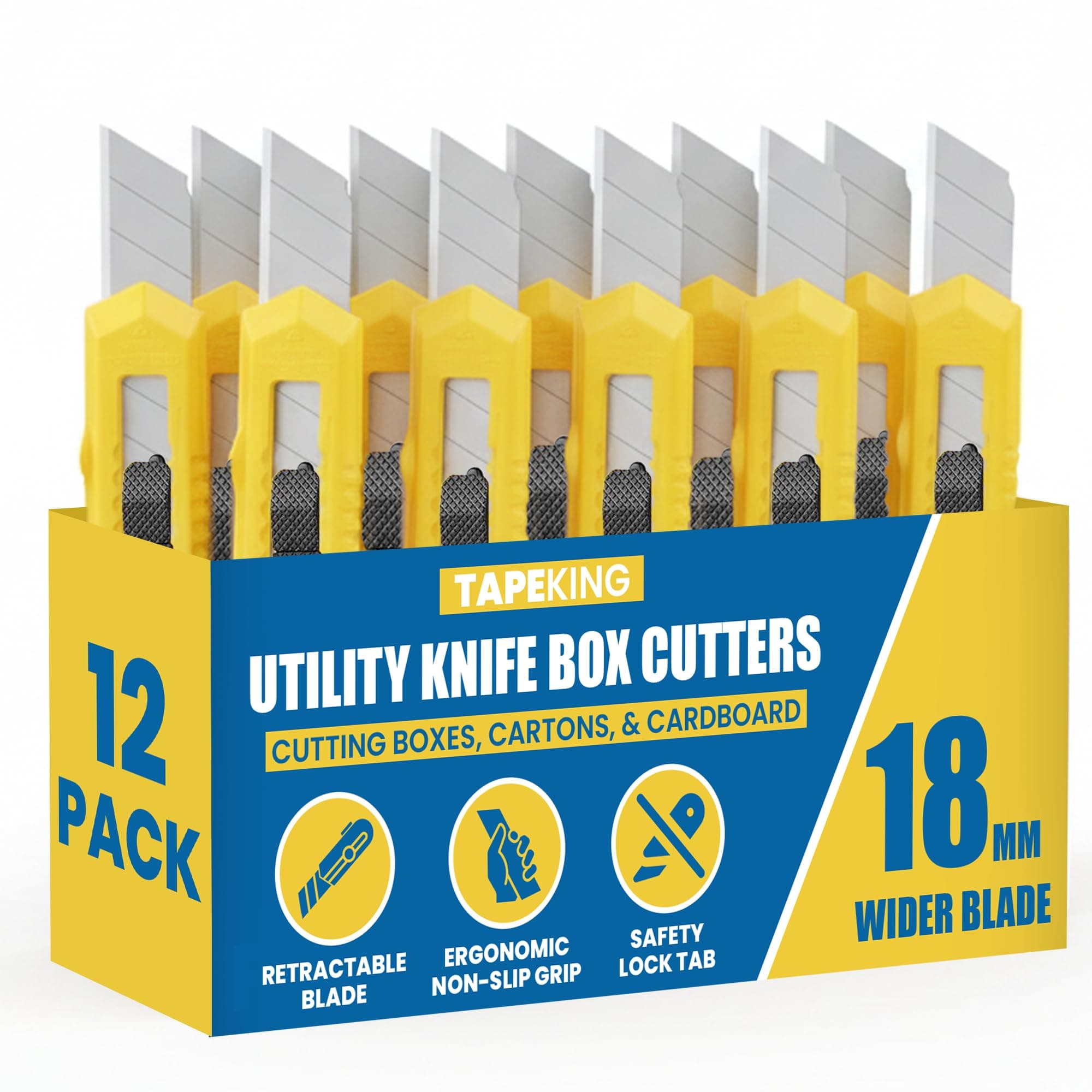 Utility Knife Set (12 Pack) | 18mm Wide Blade Box Cutter | Retractable Design, Compact And Versatile for Home, Crafts, Warehouse, Cartons, Cardboard, Office Supplies and Packaging
