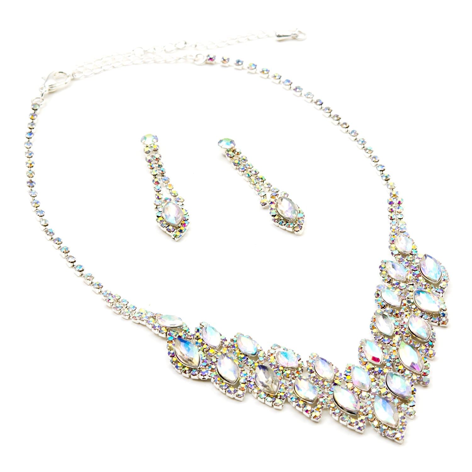 Silver Aurora Borealis Long Teardrop Dangle Earrings & 2 Row Teardrop in V-Shape Necklace Jewelry Set