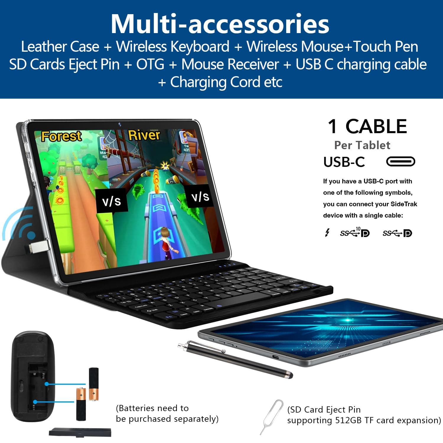 2025 Latest 2 in 1 Tablet 128GB Storage+1TB Expand 10 inch Tablets, 2.4G&5G WIFI Tablet PC, Android 14 Tablets with Keyboard, Octa Core HD Touchscreen 13MP Dual Camera GMS Tableta with Case Mouse Gray