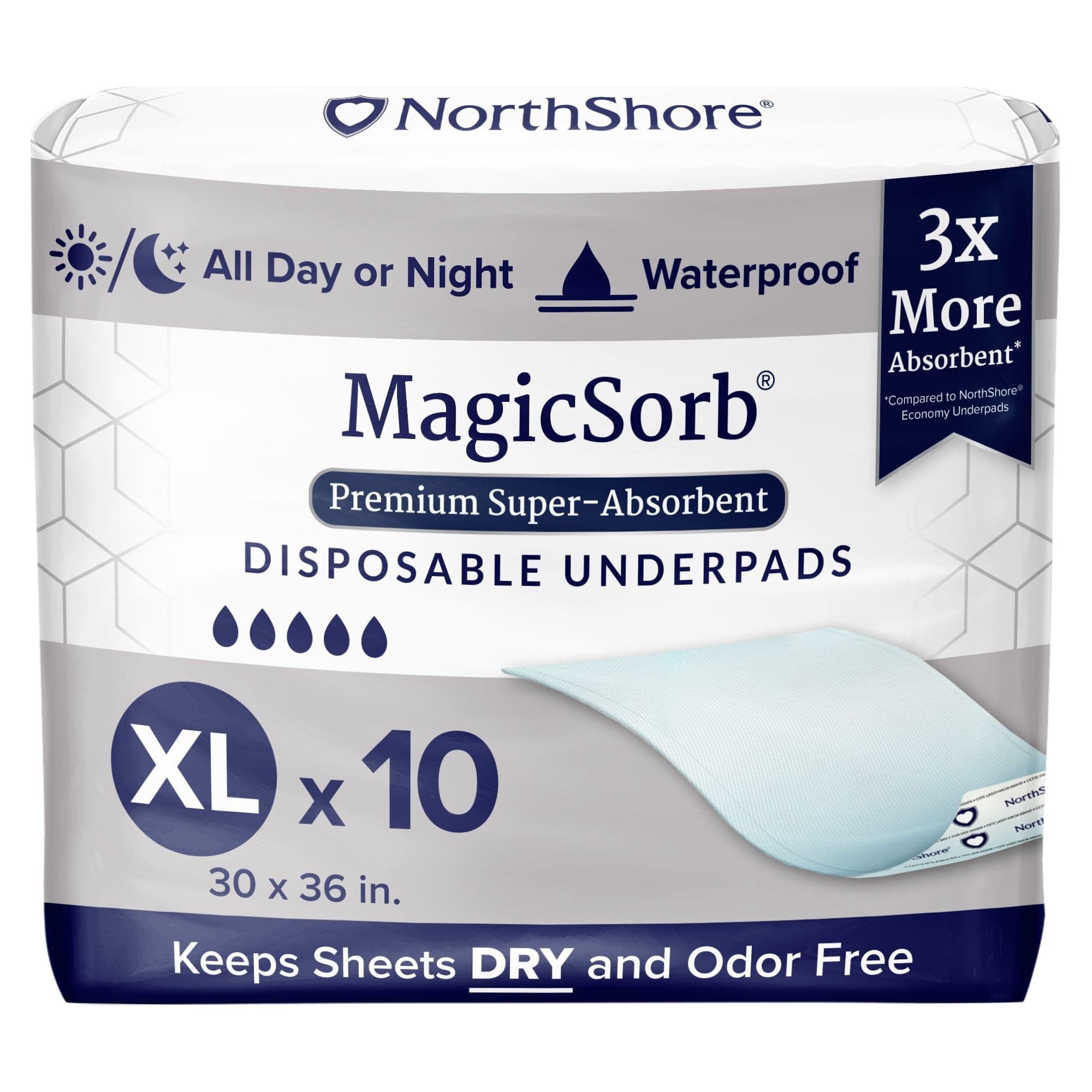 MagicSorb, 30 x 36, 60 oz., Super-Absorbent Disposable Underpads, X-Large, Pack/10