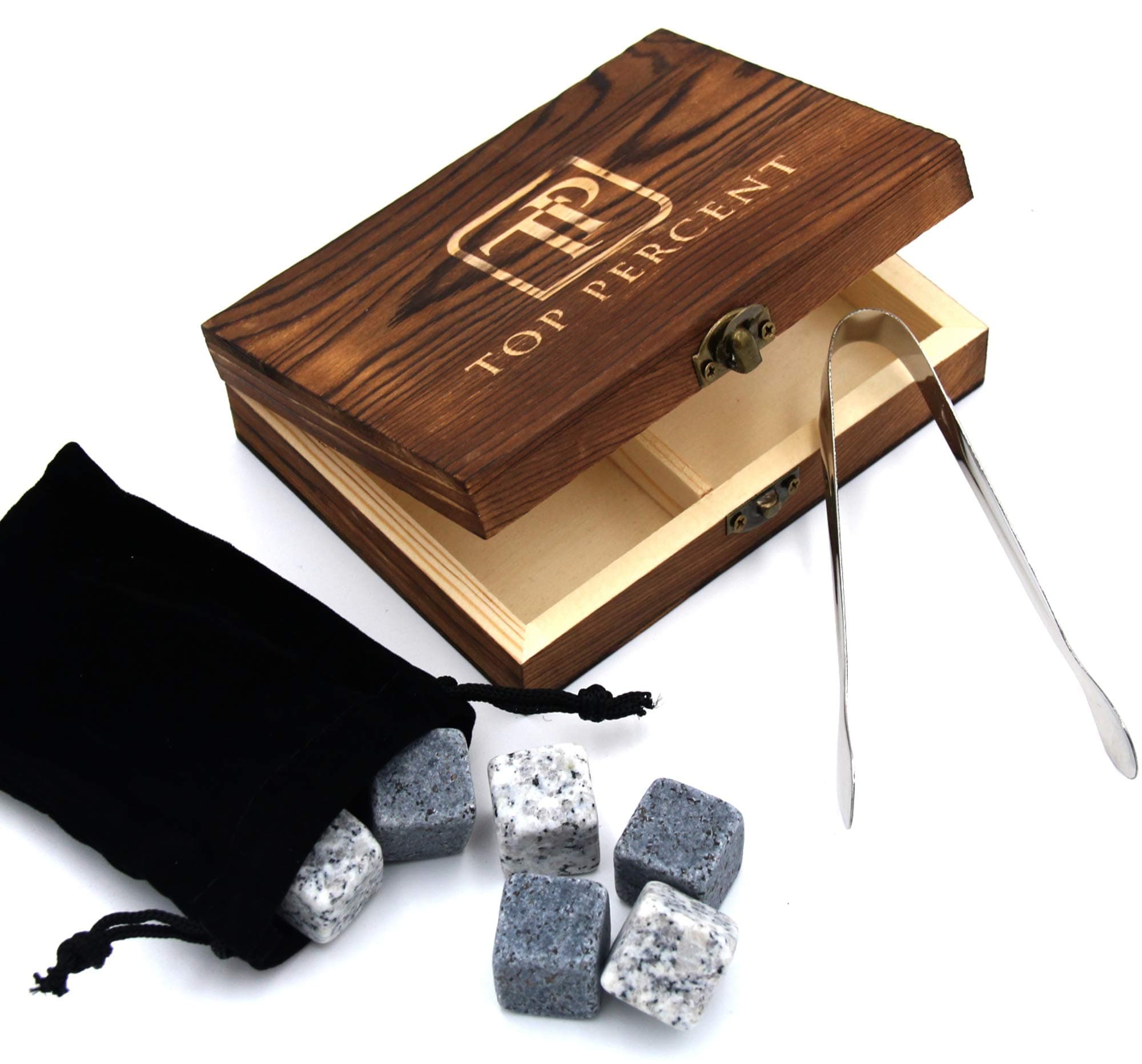 Whiskey Stone Gift Box Set with 9 Premium Granite Stones (Won't Water Down Your Drink!), Wooden Box, Velvet Carrying Bag and Tongs (Natural Grey)