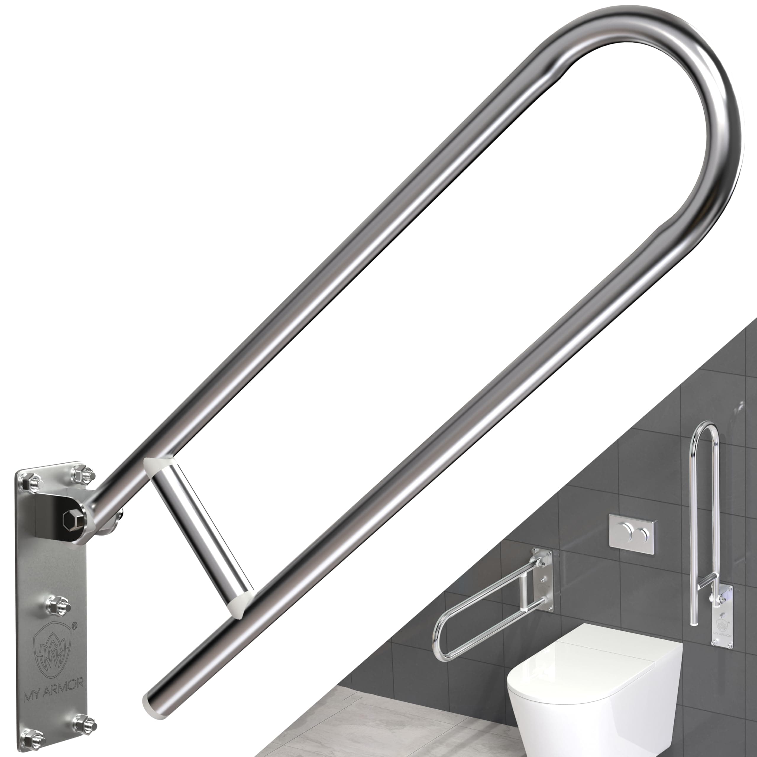 MY ARMOR SS-304 Heavy Duty Flip Up Grab Bar for Bathroom, 24 Inches Long Stainless Steel Toilet Handrails Safety Bar Hand Support, Bathroom Handle for Senior Citizens