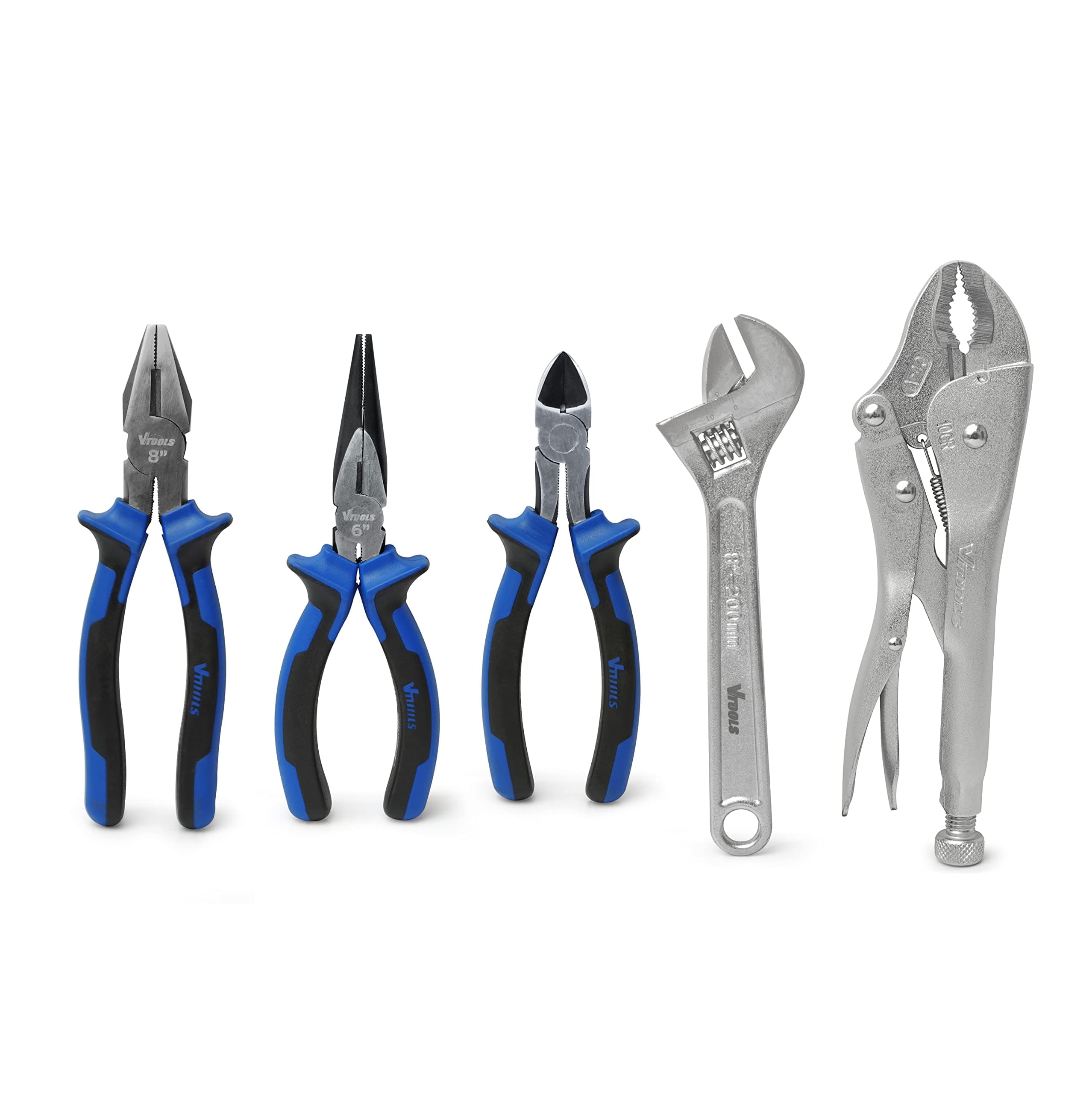 VTOOLS 5 Piece Plier & Wrench Set, 8 Inch Combination Plier, 6 Inch Long Nose Plier, 6 Inch Side Cutting Plier, 10 Inch Locking Plier, 8 Inch Adjustable Wrench, VT2167