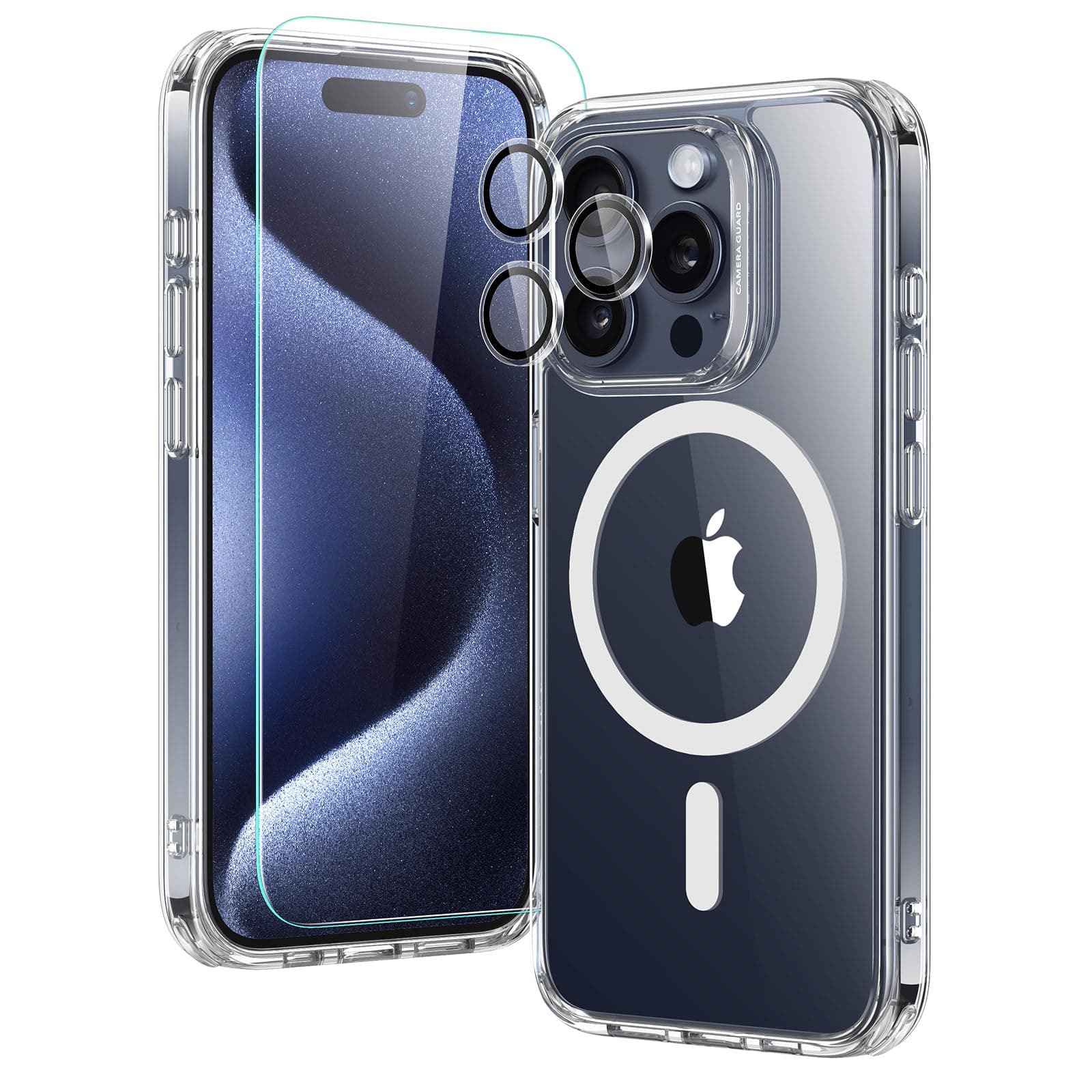 for iPhone 15 Pro Case Set, 1 Tempered-Glass Screen Protector, 1 Set of Lens Protectors, Military-Grade Protection, Yellowing and Scratch Resistant MagSafe Phone Case, Classic Series, Clear