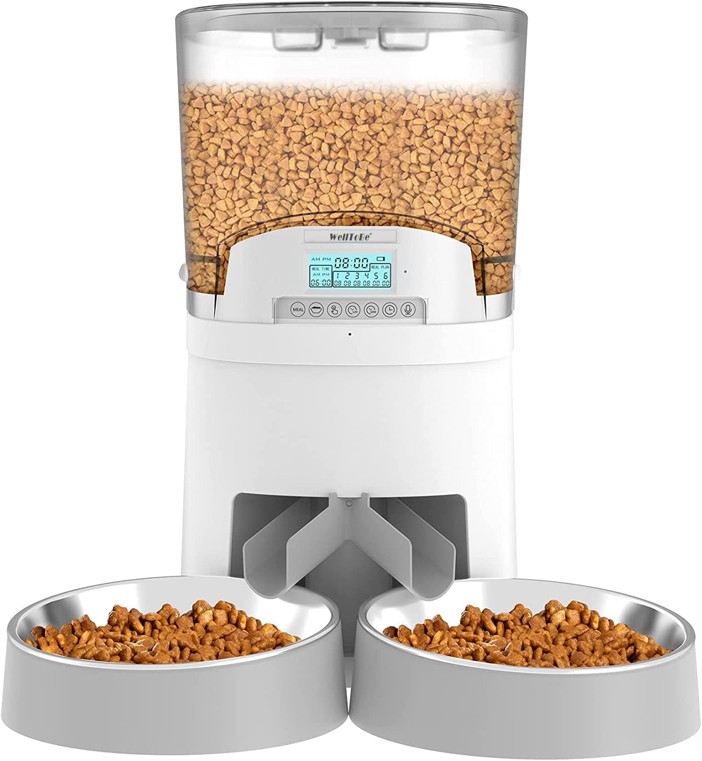 WellToBe 7L Automatic Cat Feeder for Two Animals,Pet Feeder Dog Food Dispenser Transparent Hopper Includes Double Bowls for Cats&Large Dogs,up to 6 Meals with Portion Control,Voice Recorder,Dual Power
