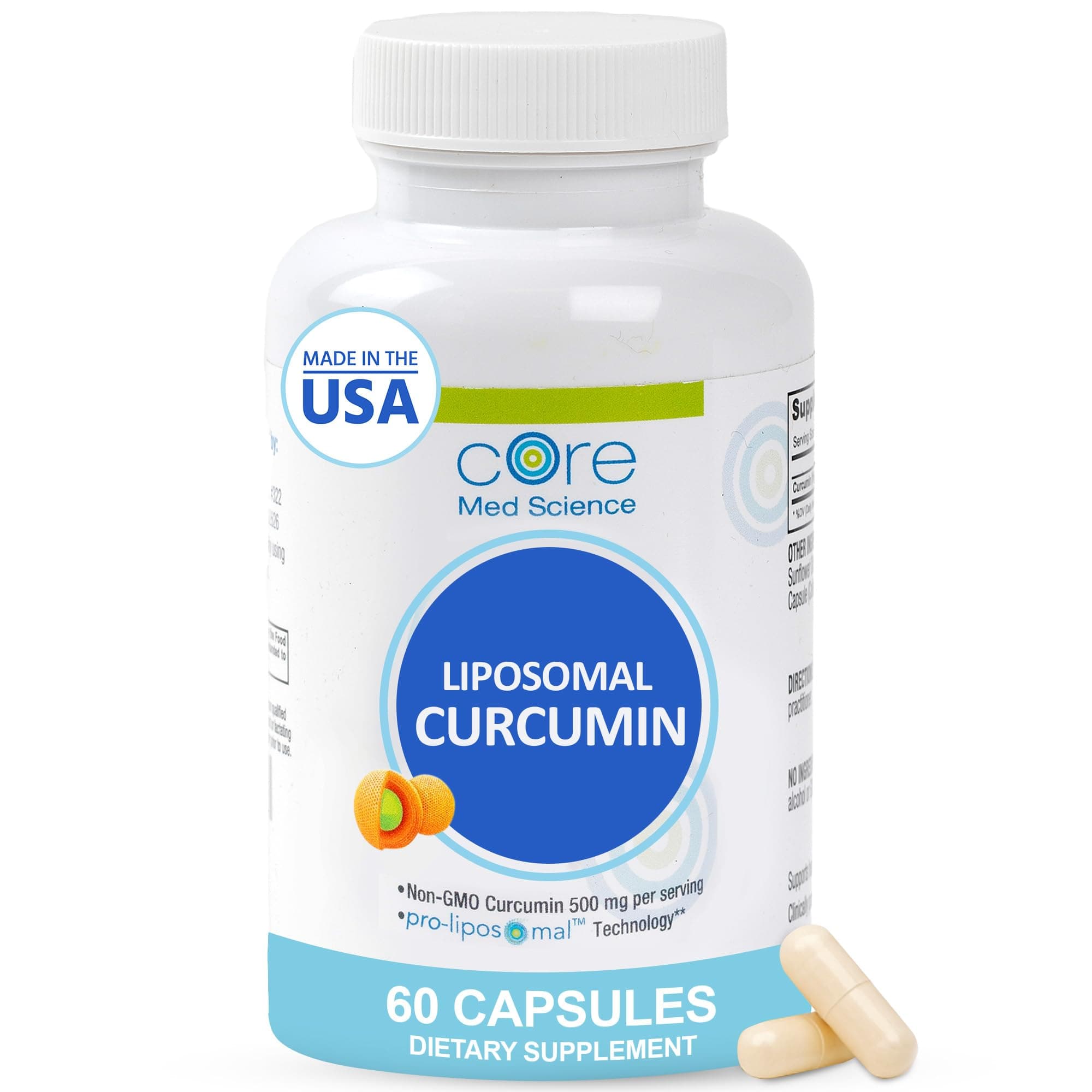 Liposomal Curcumin Capsules, 500mg - Pure Turmeric Extract Supplement - High Absorption Joint & Heart Health Support for Adults - Promotes Cognitive & Brain Health, Non-GMO (60 Count)