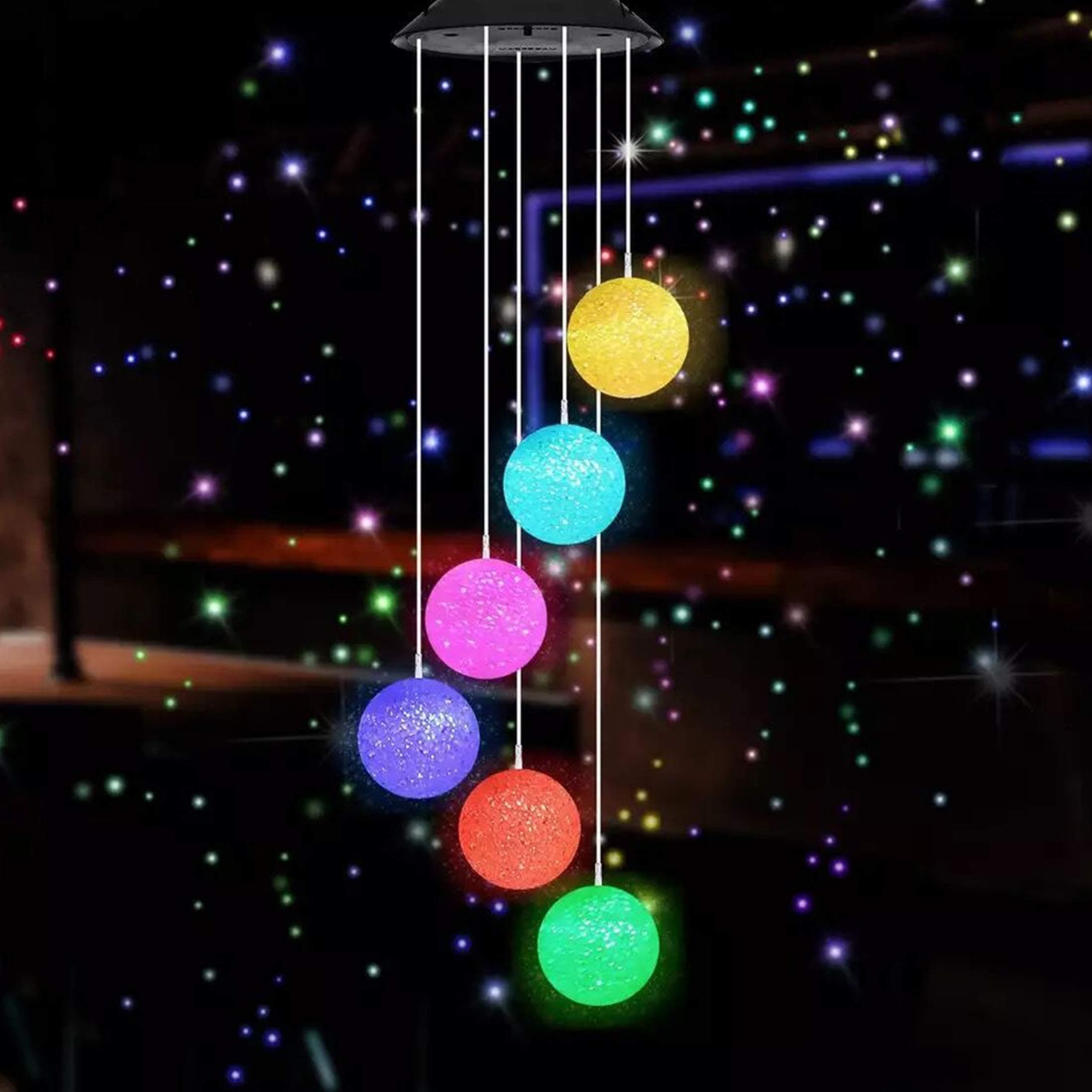 MorTime LED Solar Crystal Ball Wind Chime, 25" Mobile Hanging Wind Chime for Home Garden Decoration, Automatic Light Changing Color