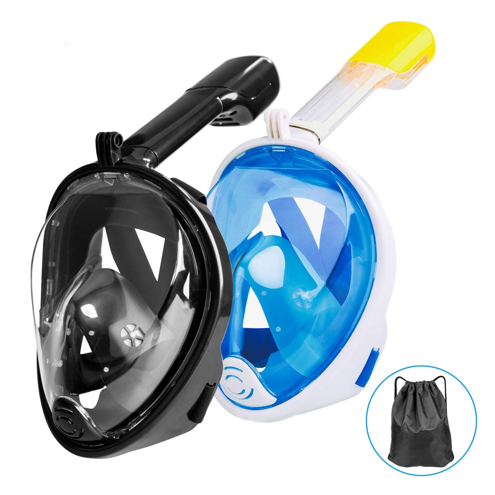 Omew Full Face Snorkeling Mask, 2 Pack Easy Breathing Snorkel Mask Snorkeling Set, 180° Seaview Anti-fog Anti-leak Design Swimming Diving Masks with Action Camera Mount for Adults (Black,Blue)