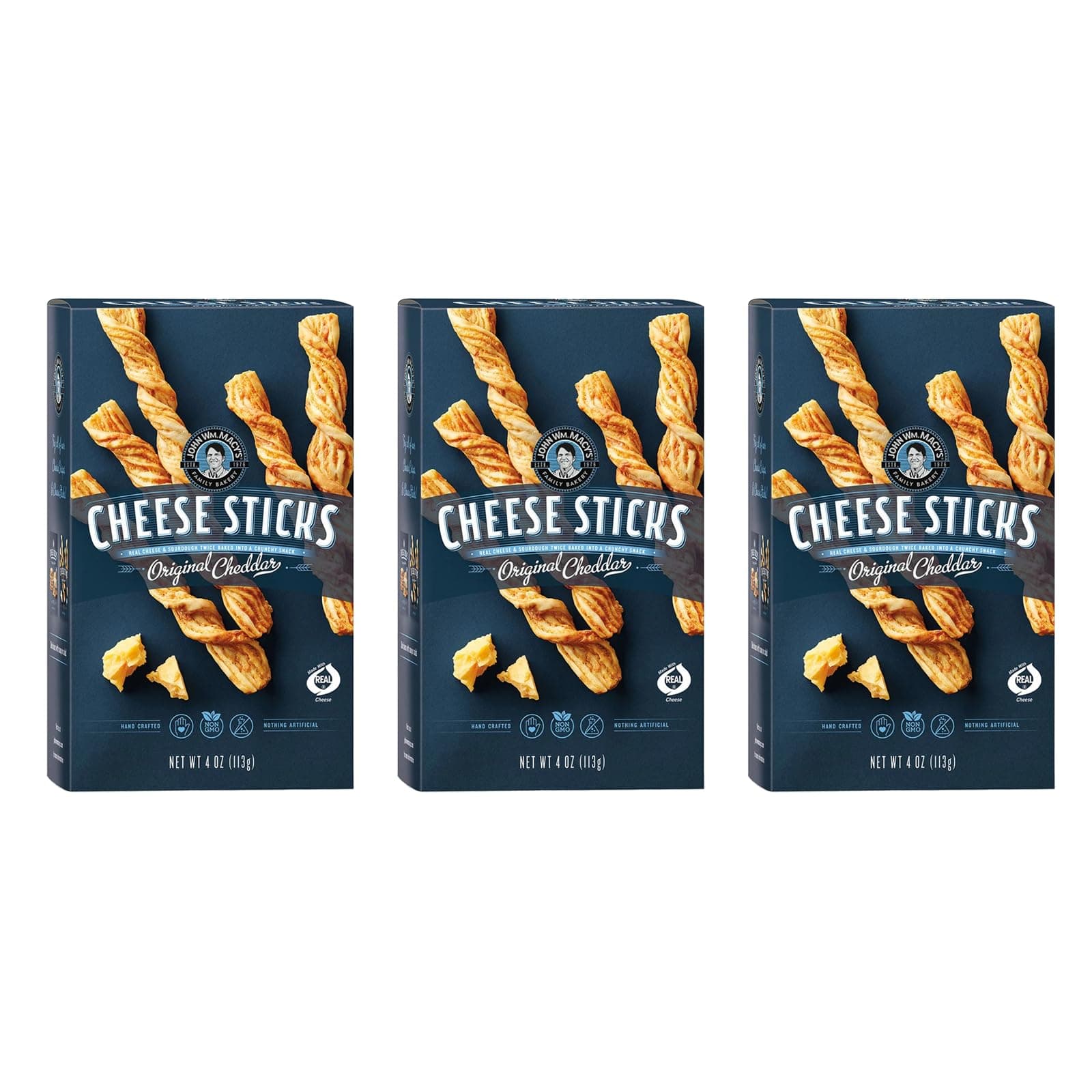 John Wm. Macy's - Original Cheddar CheeseSticks - Hand Crafted, Non GMO, and Nothing Artificial - Made with Real Cheese - 4 oz. Cartons - 3 Pack
