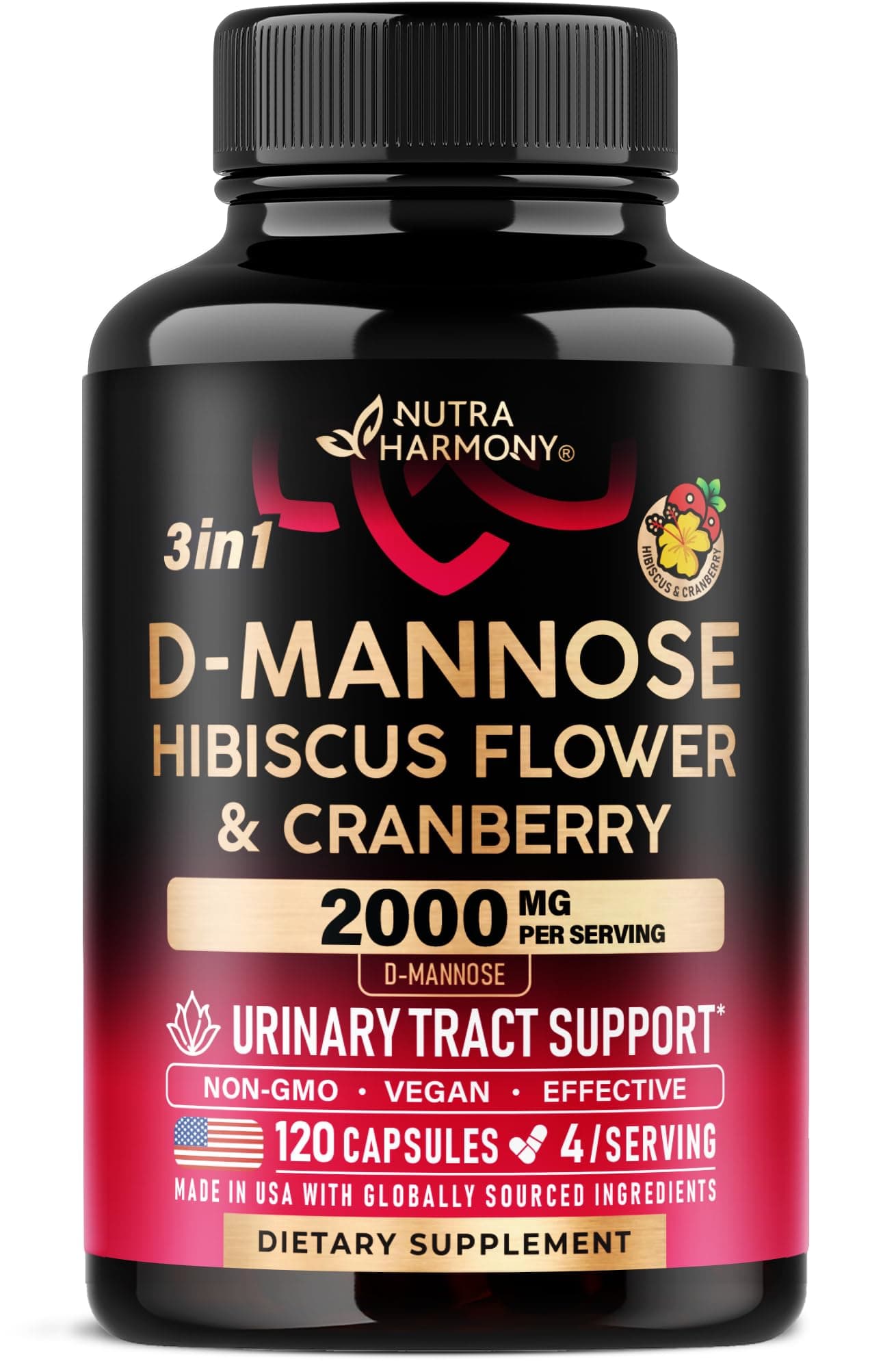 D-Mannose 2000mg with Cranberry & Hibiscus - Clinically Tested Strength for Urinary Tract Health - Supplement for Women - Bladder, Liver & Microflora Support - Made in USA - Vegan, 120 Capsules