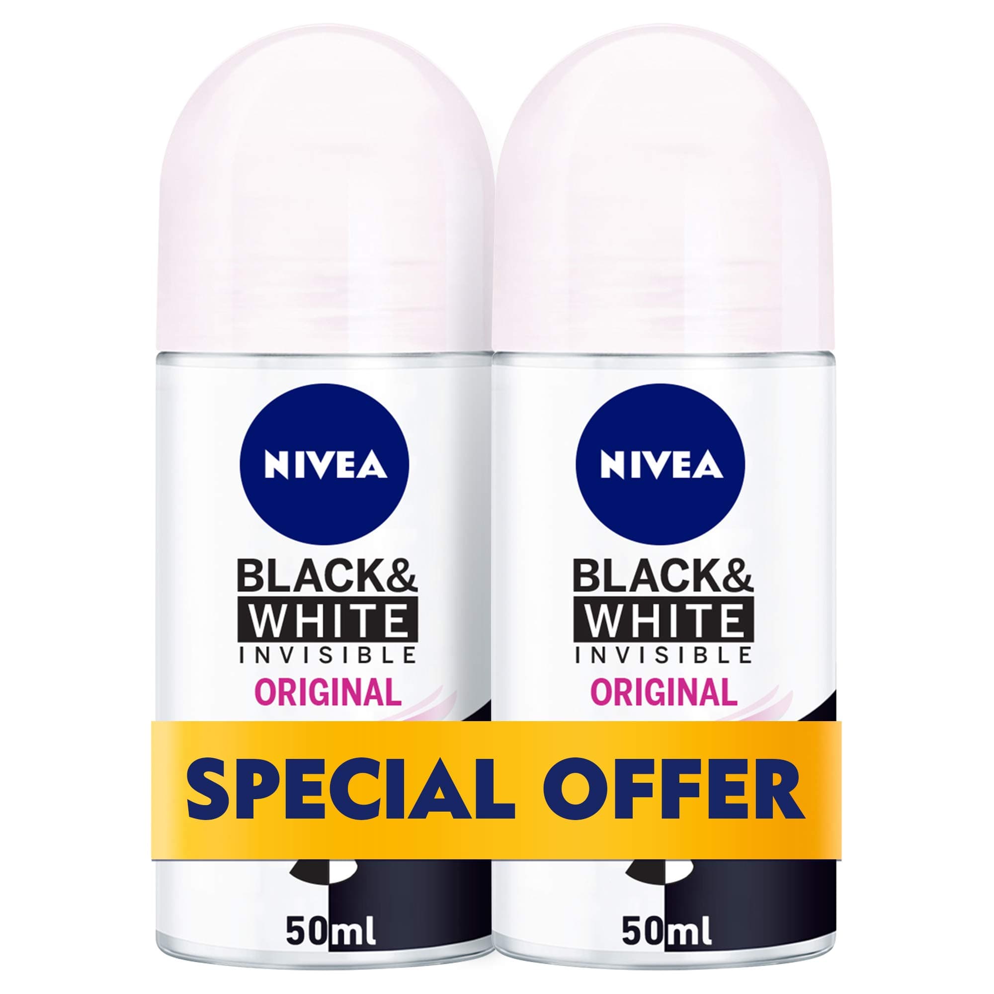 NIVEA, Deodorant Female, Invisible Black & White, Original, Roll-On, 2 x 50ml