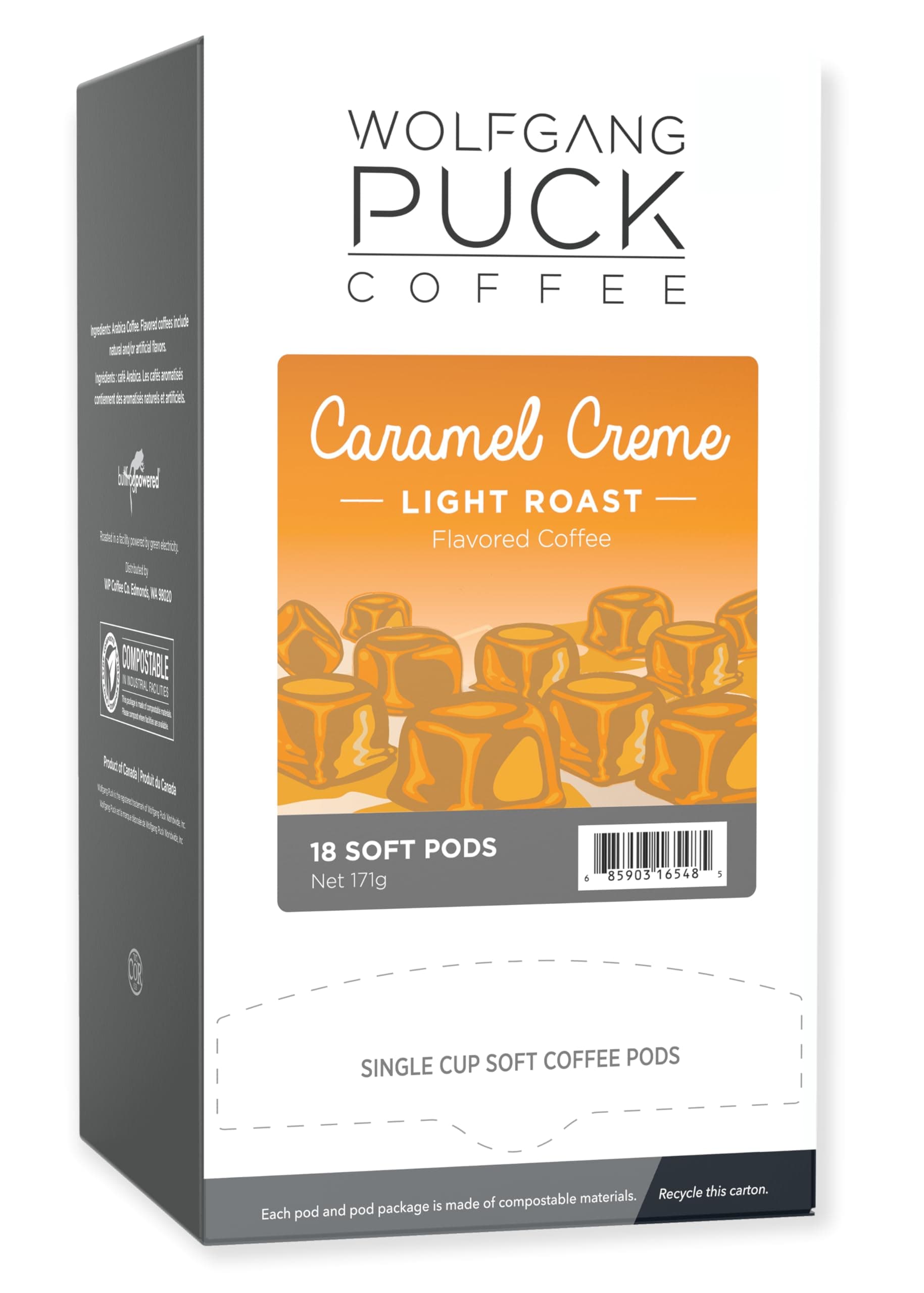 Wolfgang Puck Coffee Soft Coffee Pods, Gram Coffee, 9.5 Gram, Caramel Cream 18 Count