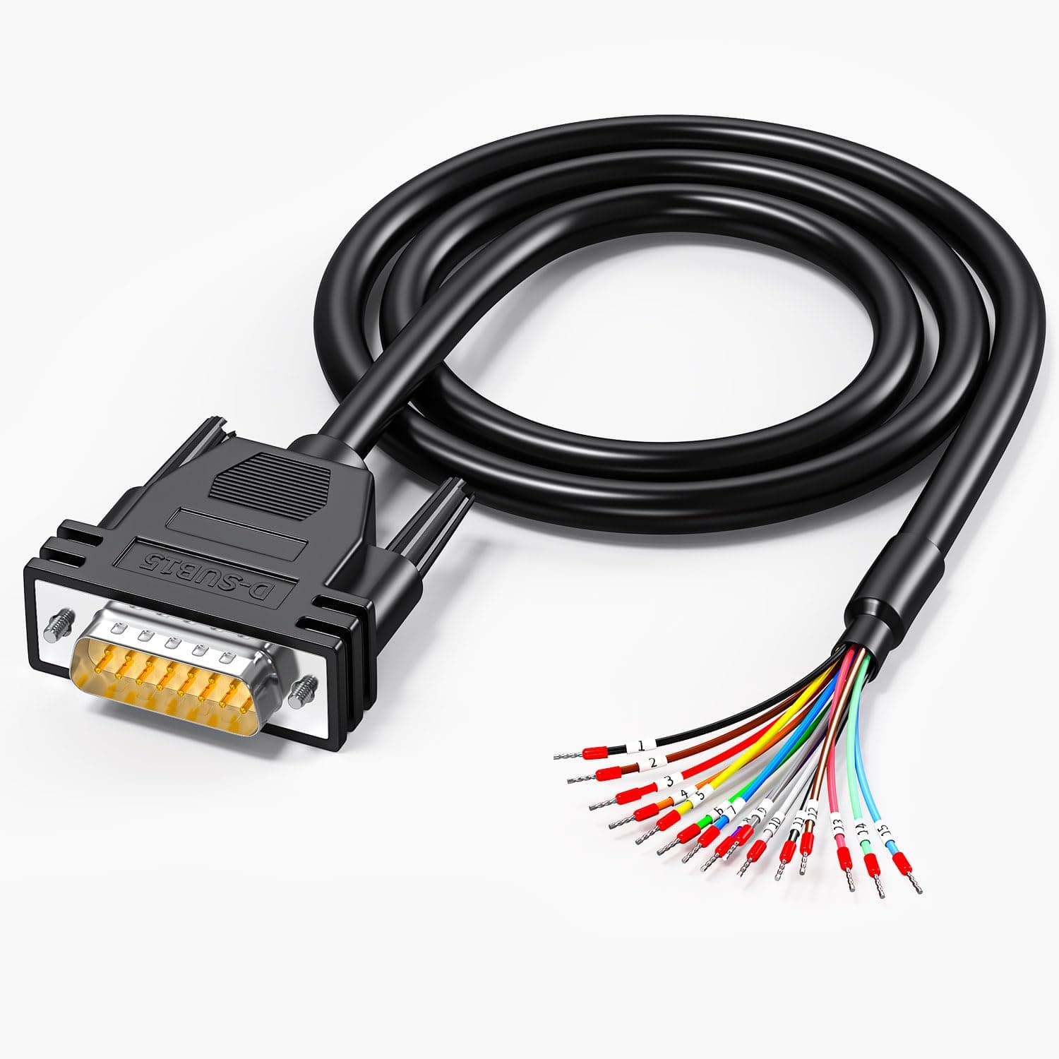 DB15 Male to Bare Wire with Cable Marker 3.3ft,D-SUB 15-Pin Connector to Open End Wire Cable,DB15 Cable15 Wire All Provided with Wiring Terminals -Black