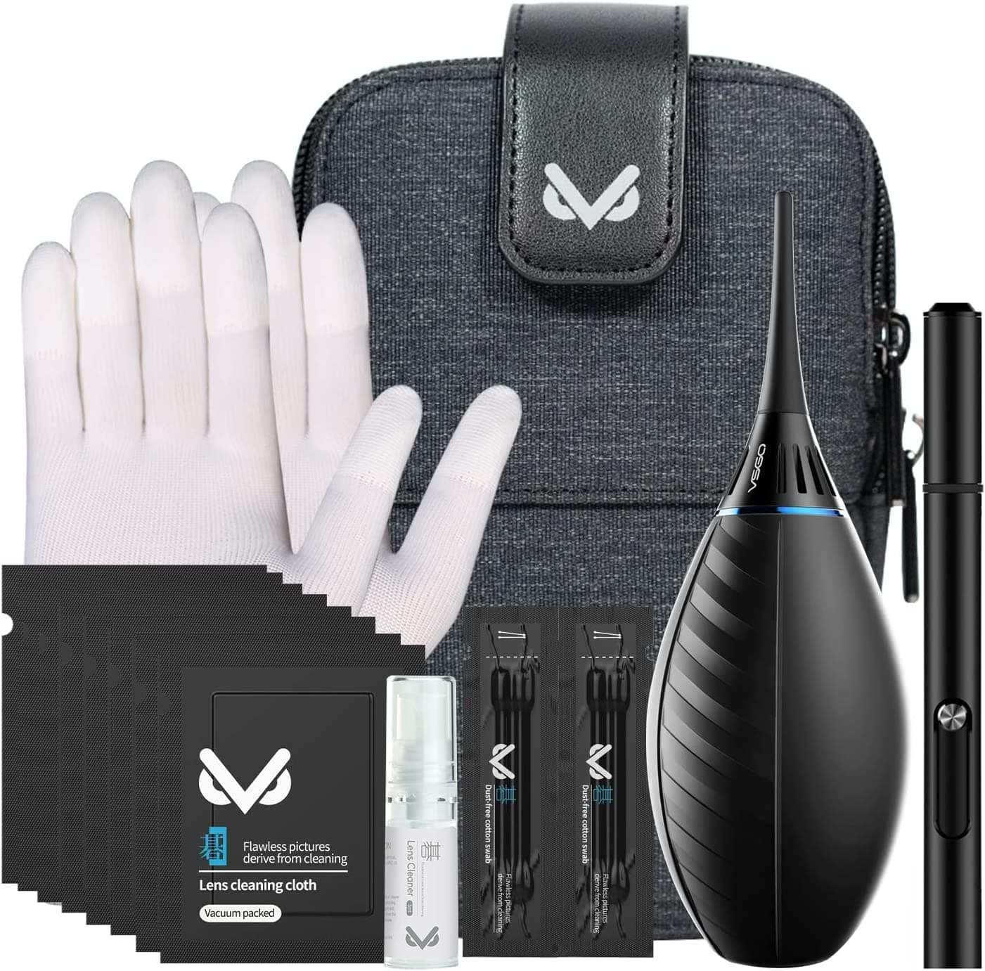 VSGO VS-A3E Professional Camera Cleaning Kit for DSLR Cameras and Sensitive Electronics Including Portable Bag/Air Blower/Lens Cleaning/Pen Spray/Cotton Swab Cloth for Camera Lens Optical