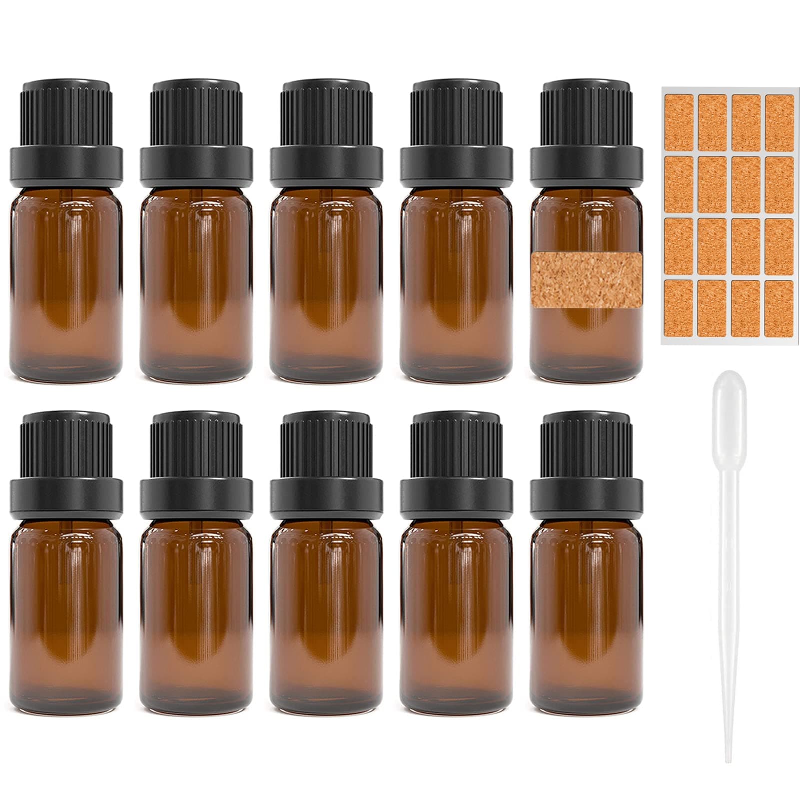 10Pcs, 10ml Essential Oils Amber Glass Bottles with Black Cap & 1 Dropper & 16 Reusable Waterproof Labels, Mini Empty Amber Bottle Refillable Sample Container for Massage Oils/Perfume/Aromatherapy