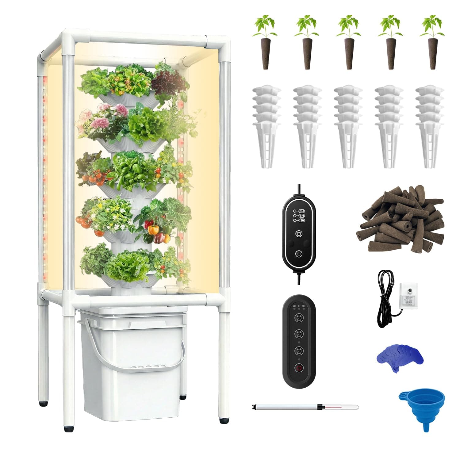 SJZX Hydroponics Growing System, Hydroponic Tower with Full-Spectrum Grow Lights, 5 Tiers Indoor Outdoor Garden Planter, Vertical Home Gardening Germination Kits for Vegetables, Fruits, Herb (25 Pods)