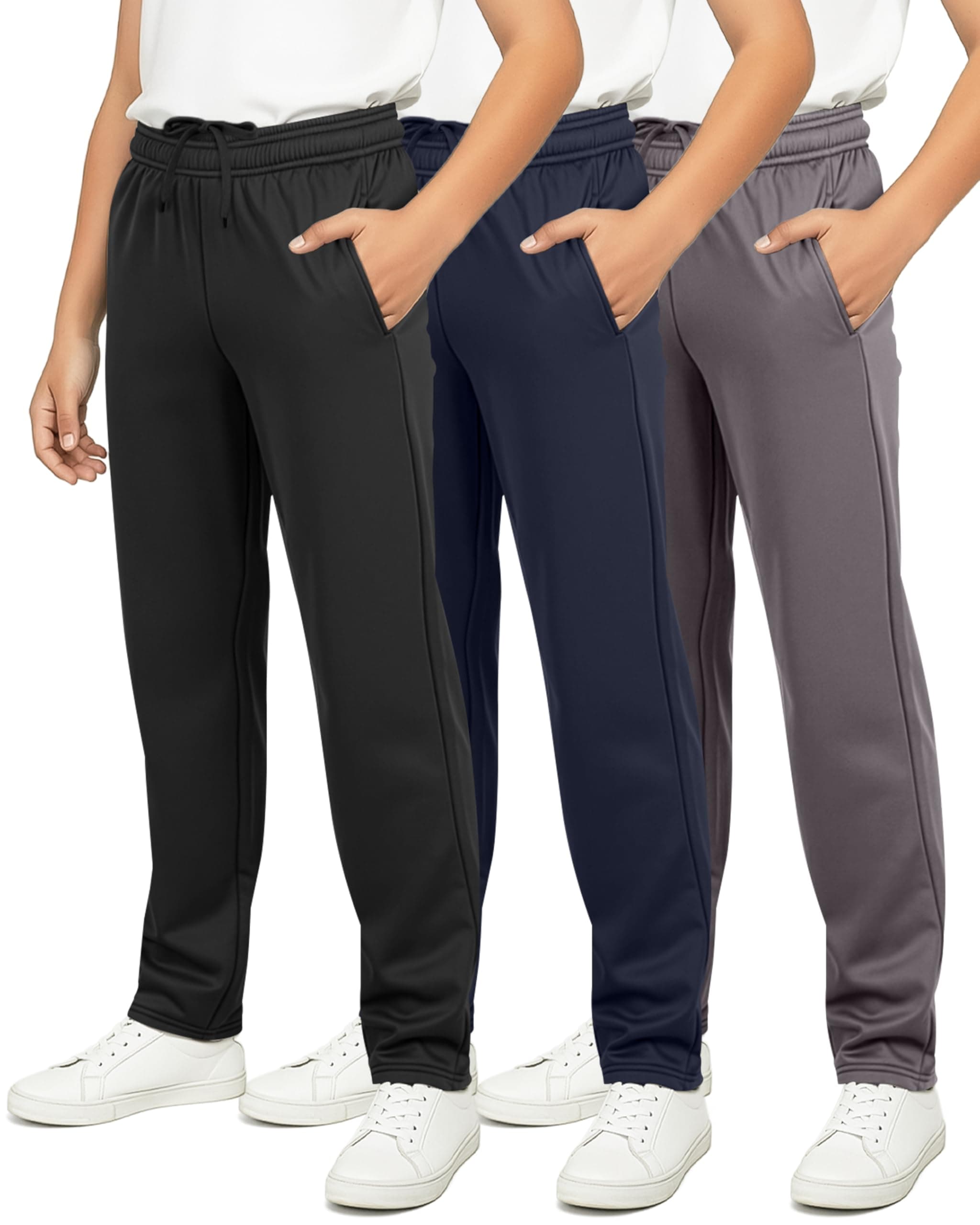 3 Pack: Boys' Tricot Open Bottom Sweatpants - Athletic Running Pants with Pockets for Kids Teens Youth