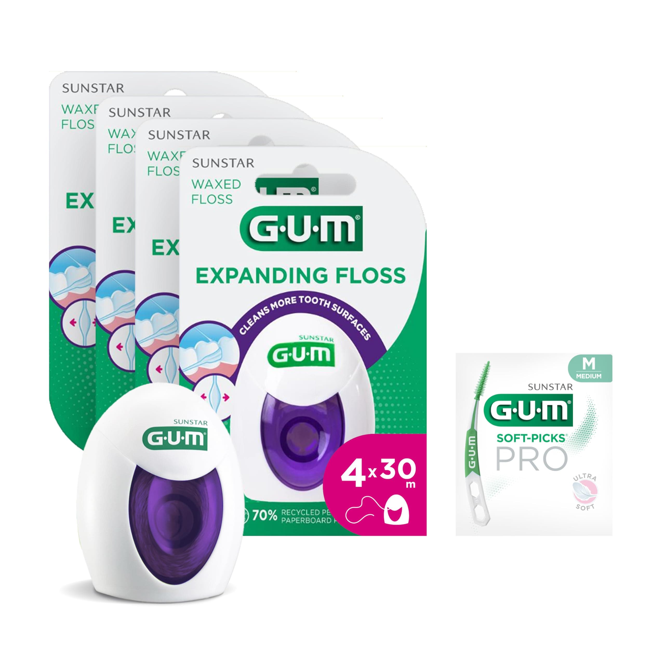 GUM Expanding Floss | removes Plaque from Between Teeth | expands into Large interdental Spaces | Ideal for Sensitive Gums and Teeth | 4x30m (+1 Bonus Sample)