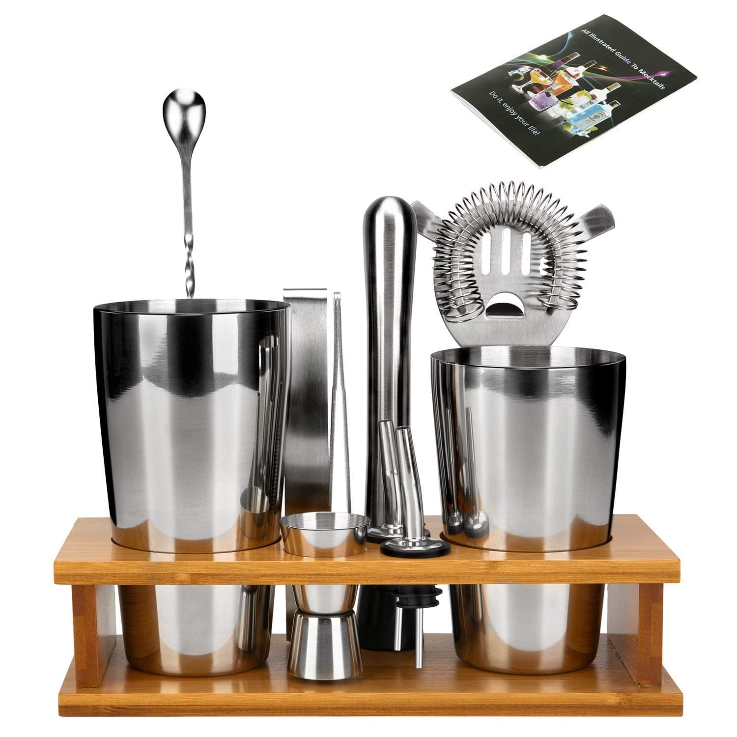 Boston Cocktail Shaker Set-Bar Tools Set With Bamboo Stand,12-Piece Stainless Steel Set, 28oz/20oz Shaker Set Perfect Bartending Kit for Professional and Amateur Bartenders- Exclusive Recipes Bonus