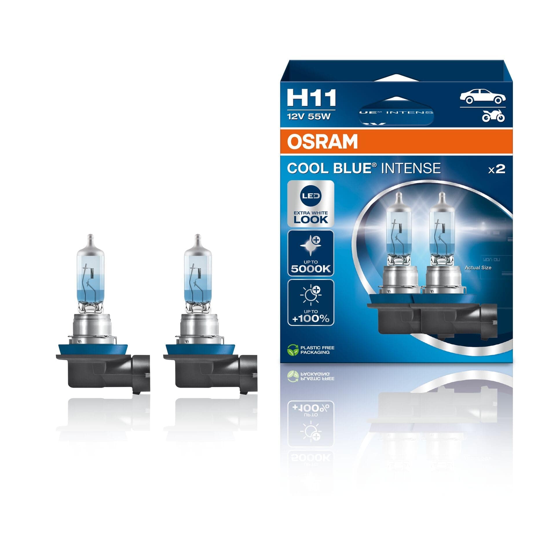 COOL BLUE INTENSE H11, 100% more brightness, up to 5,000K, halogen headlight lamp, LED look, duo box (2 lamps), 64211CBN-HCB