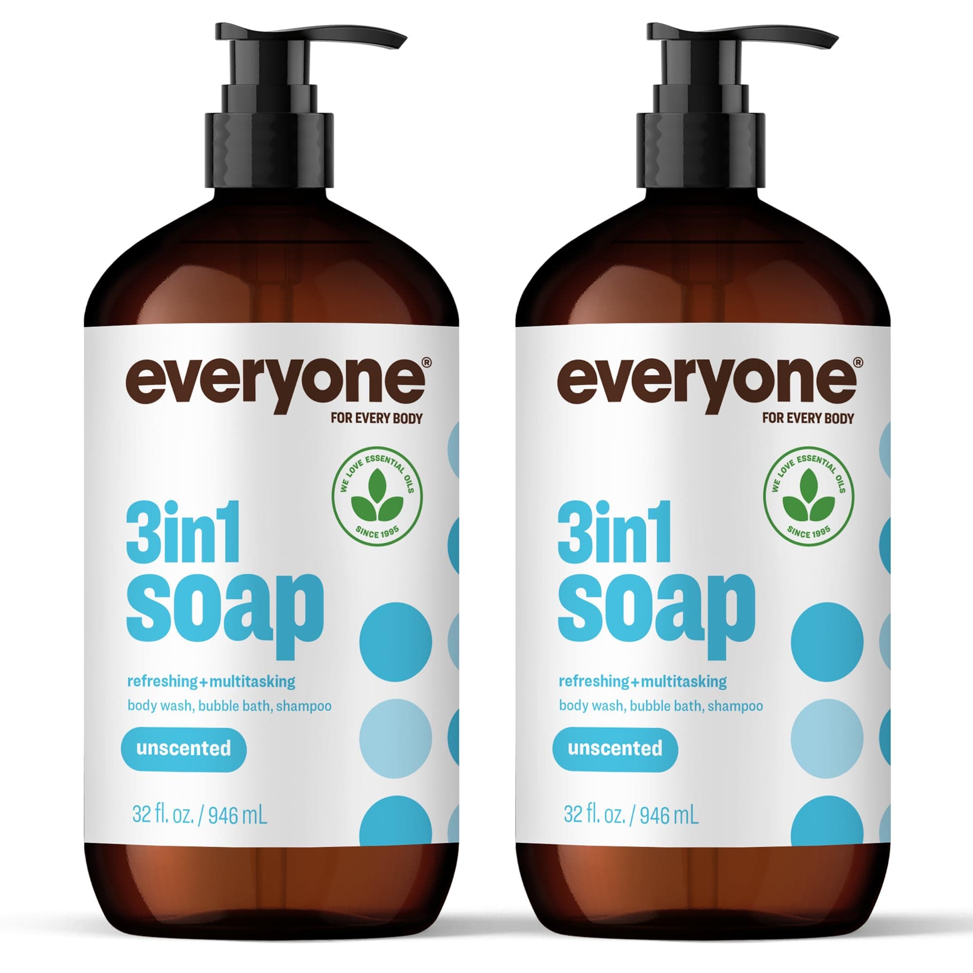 Everyone 3-in-1 Soap, Body Wash, Bubble Bath, Shampoo, 32 Ounce (Pack of 2), Unscented, made for Men and Women