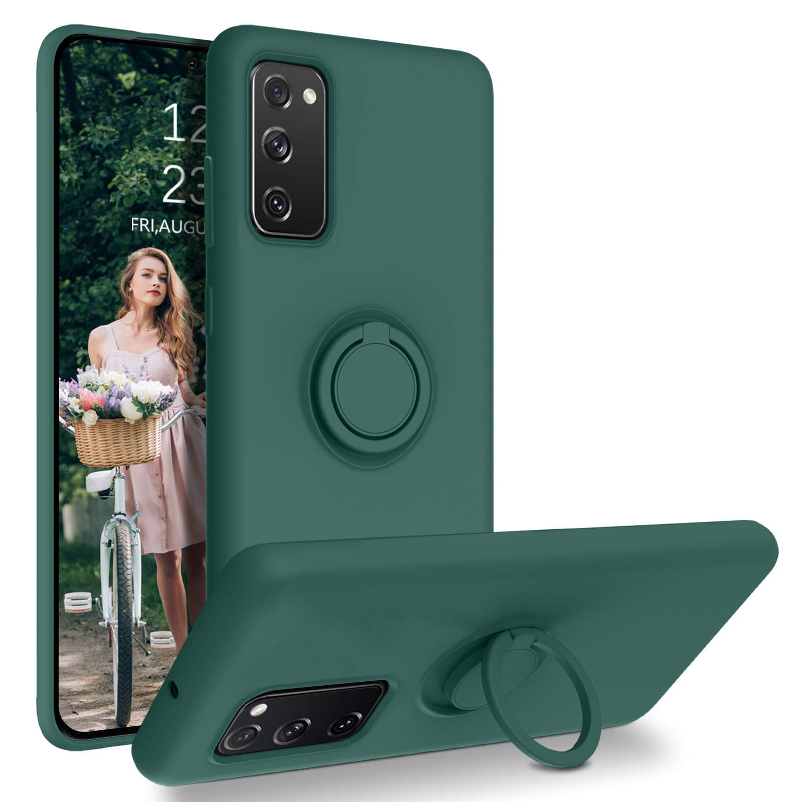 DUEDUE for Samsung S20 FE 5G Case Liquid Silicone Soft Gel Rubber Slim Cover with Ring Kickstand |Car Mount Function Shockproof Protective Case for Galaxy S20 FE 4G for Women Men, Pine Green