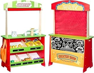 VEVOR Wooden Double-Sided Market Stand Toy with Chalkboard & Cash Register and Dramatic Play Stand with Curtains, 2-in-1 Kids Pretend Play Grocery Store Stall Puppet Playhouse, Gift for Boys & Girls