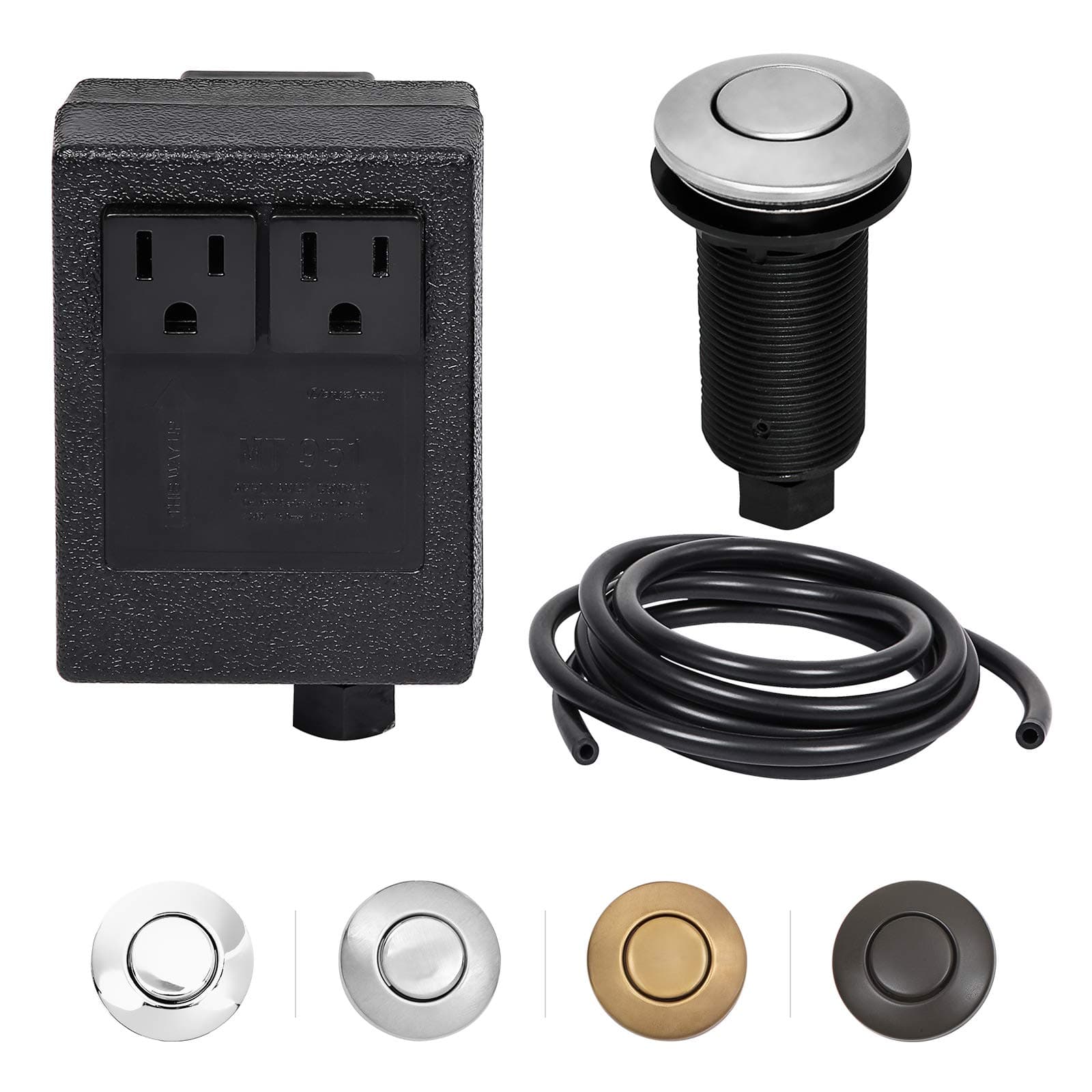 Sink Top/Counter Top Air Switch Kit For Garbage Disposal With Dual Outlet And Direct Plug(Long ON/OFF Brushed Stainless Button)