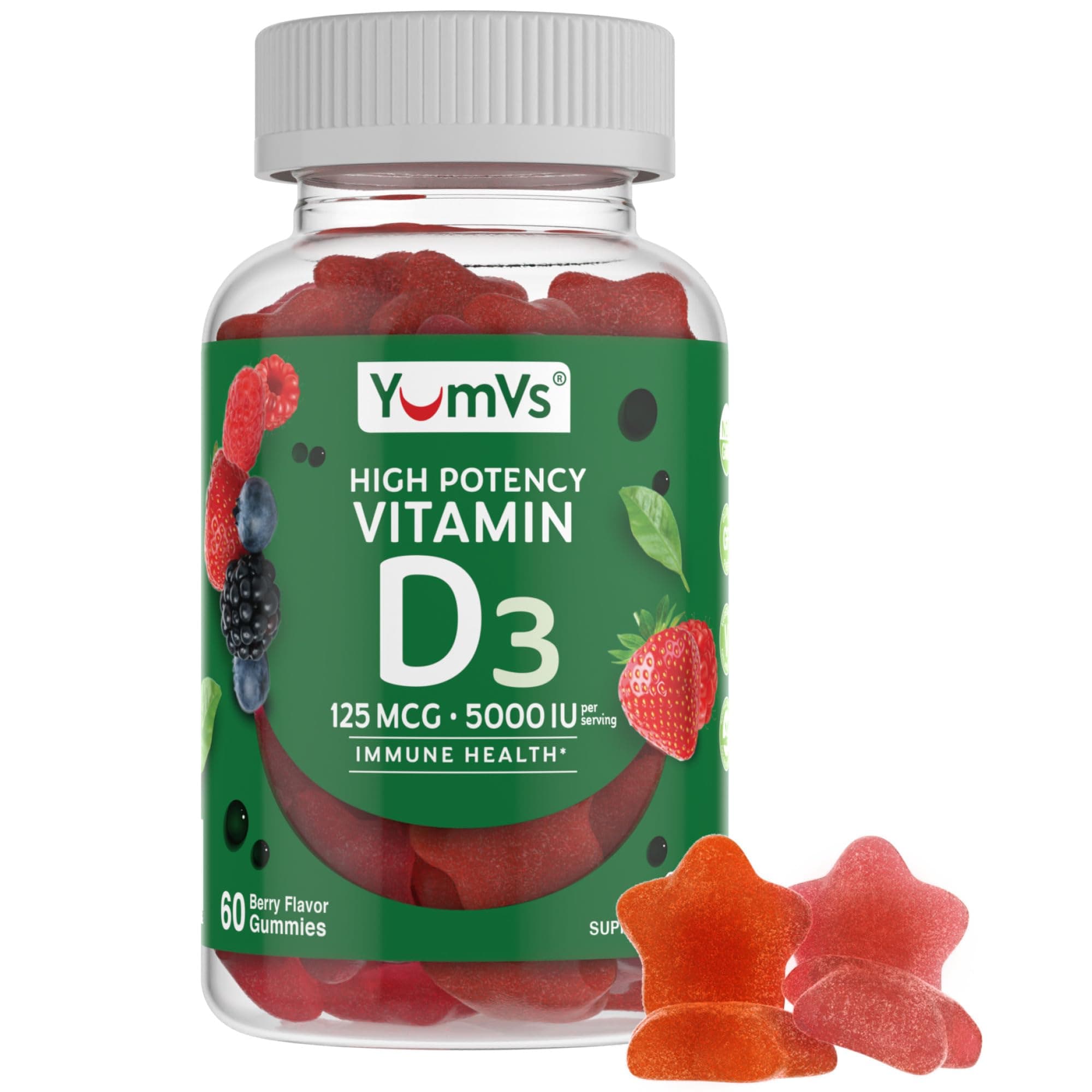 YUM-V'S Vitamin D3 Gummies 5000 IU 125mcg D3 Gummies - Support Immune Support, Strong Bone Health - Non-GMO, Gluten-Free, Dairy-Free, Vitamin D Gummy (60 Count)