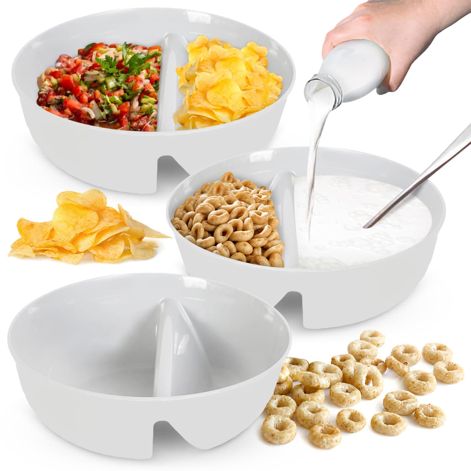 3 Pack - Just Crunch Anti-Soggy Cereal Bowl - Keeps Cereal Fresh & Crunchy | BPA Free | Microwave Safe | Ice Cream & Topping, Yogurt & Berries, Fries & Ketchup and More – White, Large