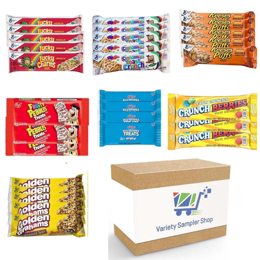 Cereal Bars Variety Pack Breakfast Food Snack Box 30 Individually Wrapped Granola Bars Lucky Charms, Cinnamon Toast Crunch, Golden Grahams, Peanut Butter Puffs