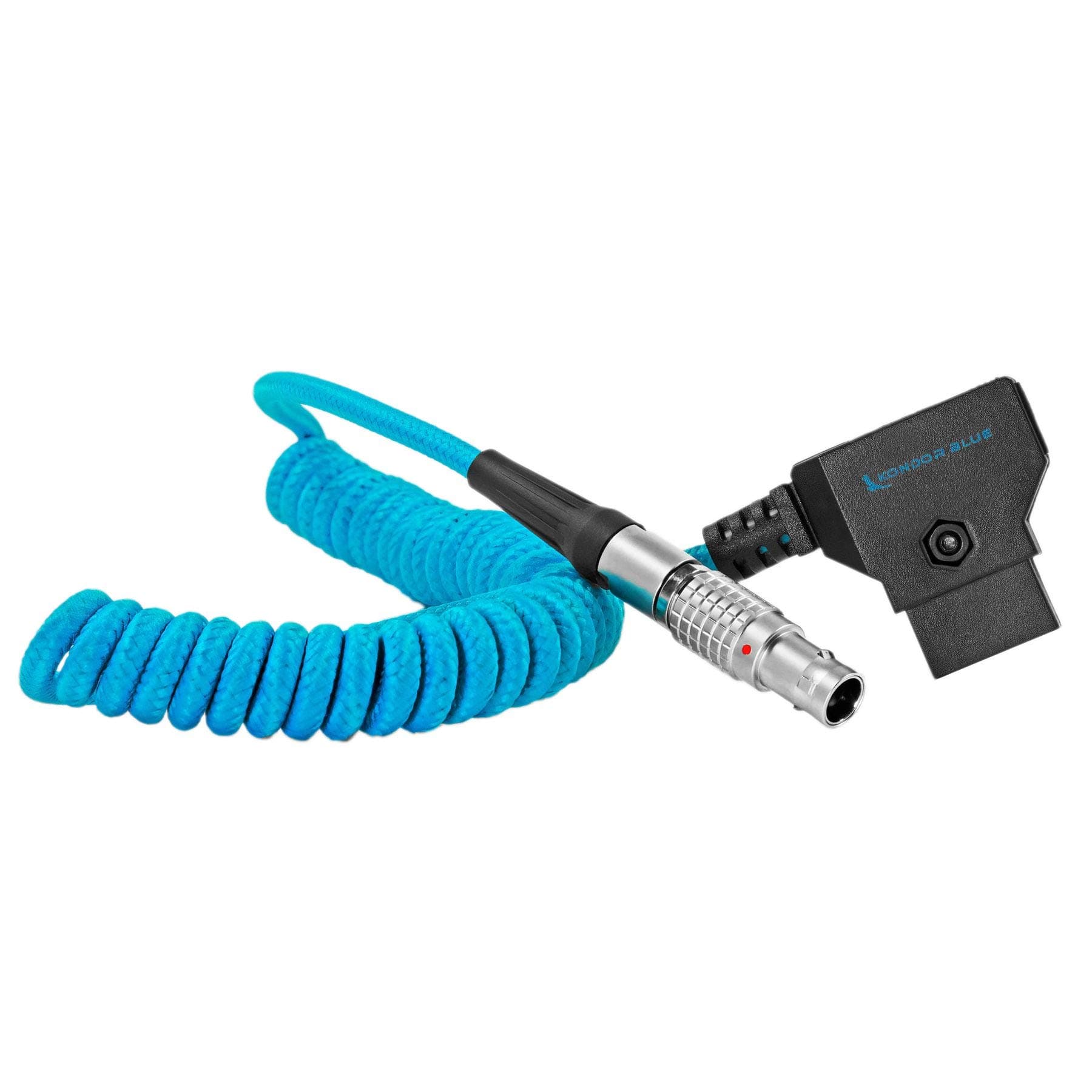 KONDOR BLUE | Coiled D-Tap to 2-Pin LEMO 0B Male Power Cable | 16-36 Inch, Nylon Braided, Right-Angle D-Tap, for Blackmagic Pyxis 6K, SmallHD, Teradek, Z CAM | Blue