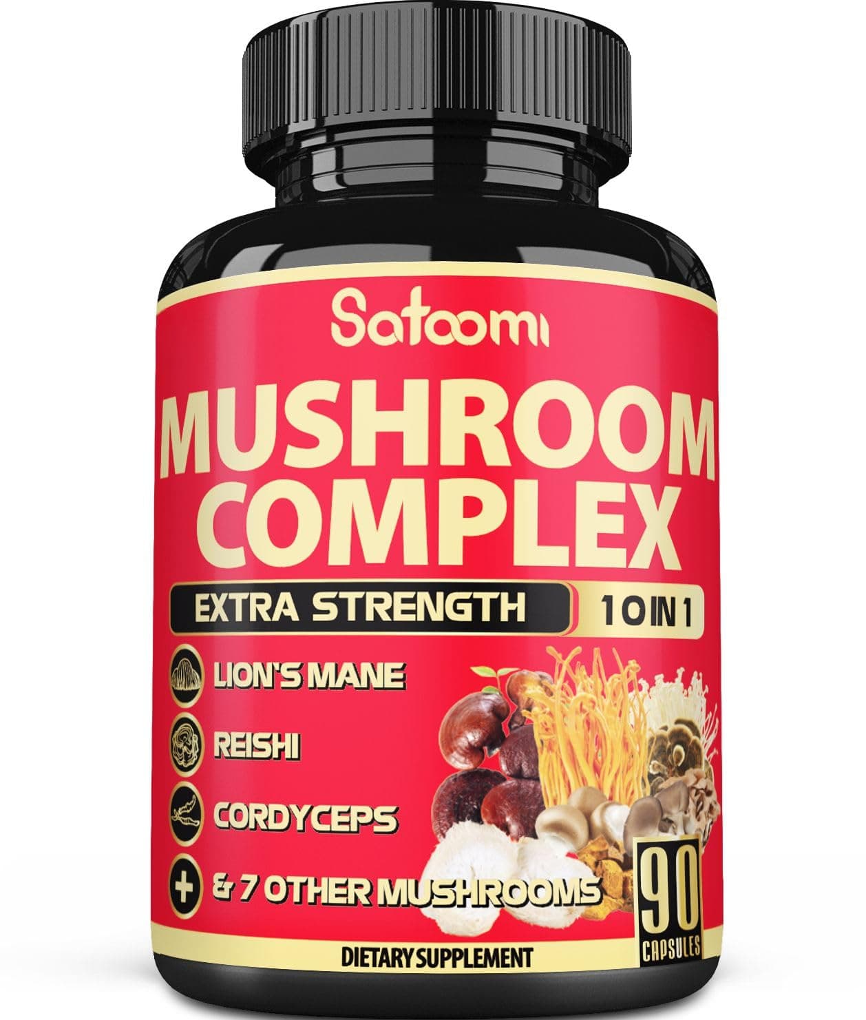 Satoomi 10in1 Mushroom Supplement Complex 5000 mg - 3 Month Supply - Lions Mane, Cordyceps, Reishi, Chaga - Support for Brain, Memory, Immune System & Focus - Lions Mane Supplement