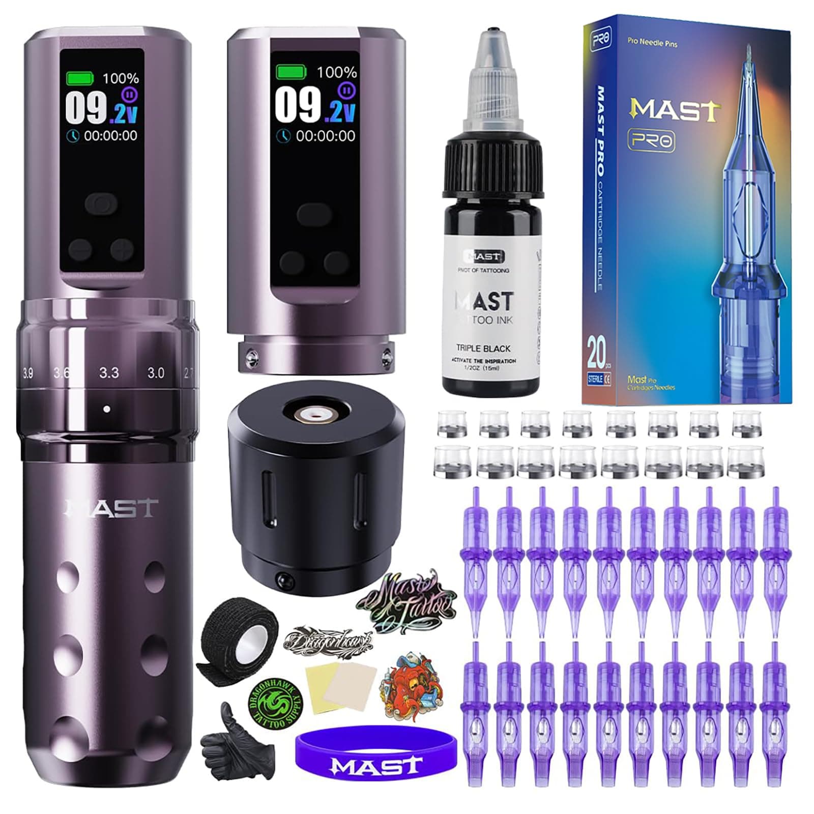 Mast Fold2 Pro Tattoo Kit, Cordless Complete Tattoo Gun Machine Kit, 2 Batteries 2000mAh Power Supply for Long Time, Needles Cartridges Black Tattoo Ink Kit (Pink-Coffee)