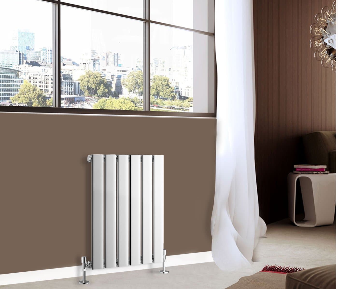 NRG 600 x 408 mm Horizontal Column Radiator Chrome Single Flat Panel | Designer Radiator Bathroom Central Heating | with One Pair of Free Modern Angle Valves