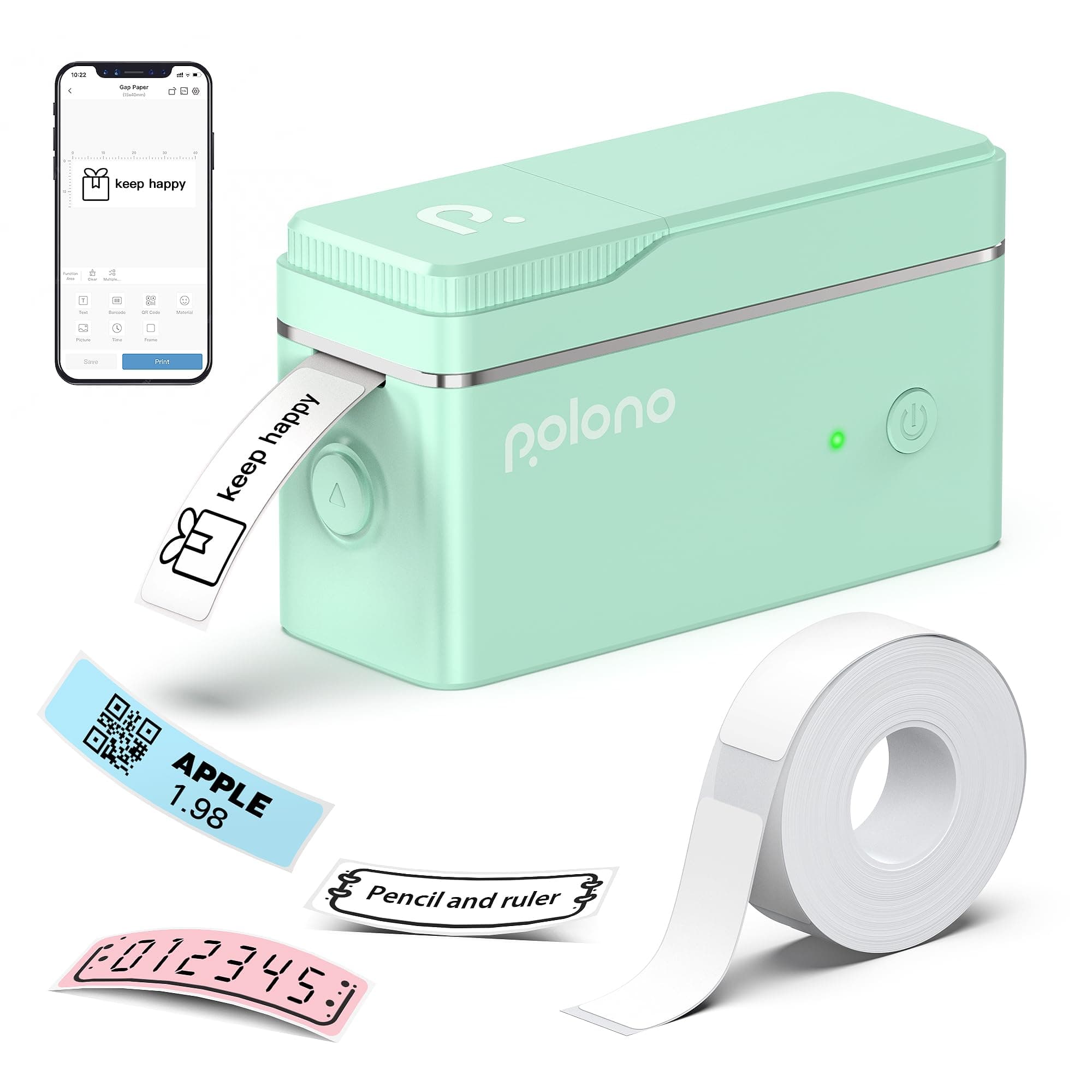 POLONO P31S Label Maker Machine with Tape, Portable Thermal Printer, Portable Bluetooth Label Printer for Organizing Storage Office Home, Sticker Maker Mini Label Maker with Multiple Templates, Green