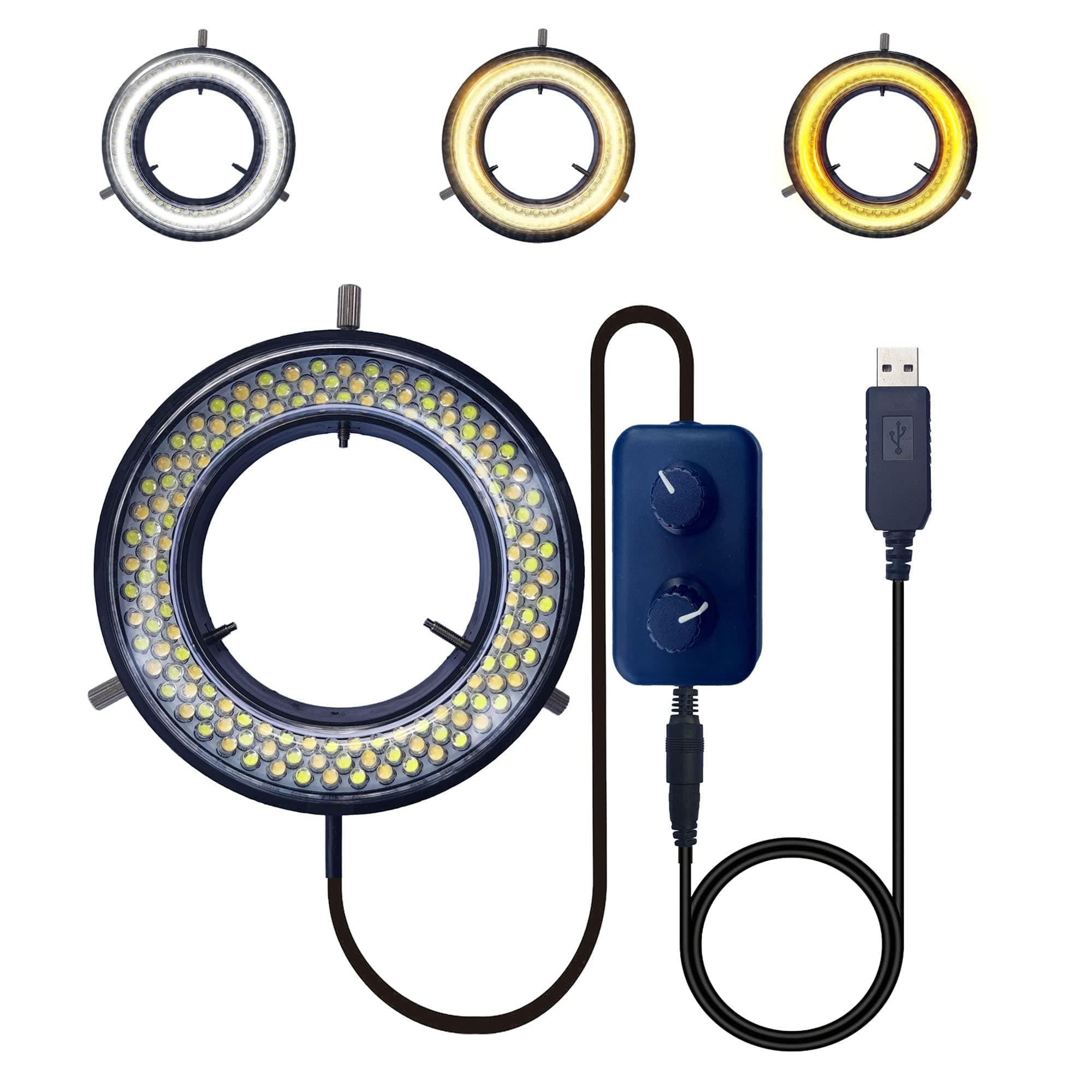 Microscope LED Ring Light Illuminator, USB 5V 144 LED Color Temperature Adjustable, 4 Zone RGB, Focus Lamp Source for Monocular Binocular Trinocular Stereo Microscope Vision Scientific (144 CW WW)