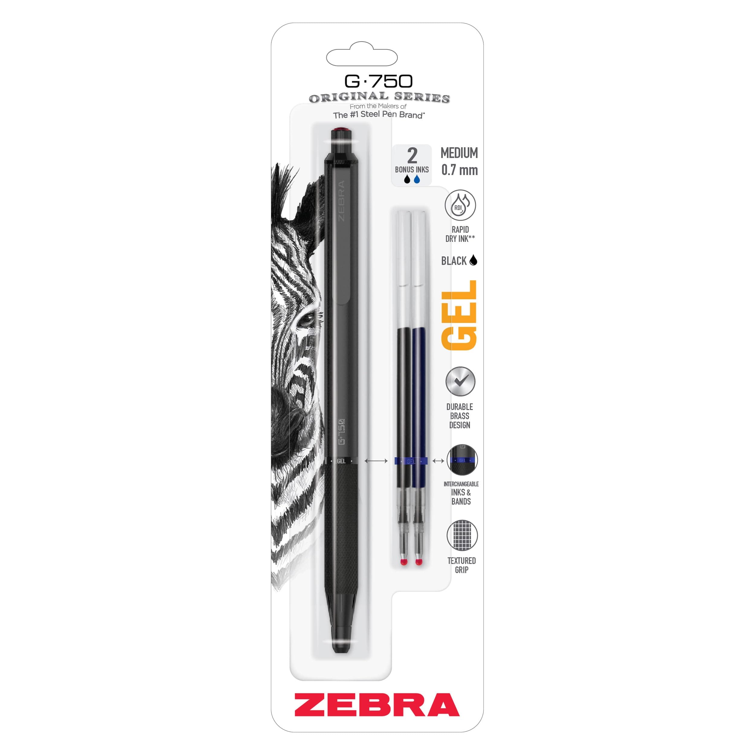G-750 Retractable Gel Pen, Black Brass Barrel, Medium Point, 0.7mm, Black Ink, 1-Pack