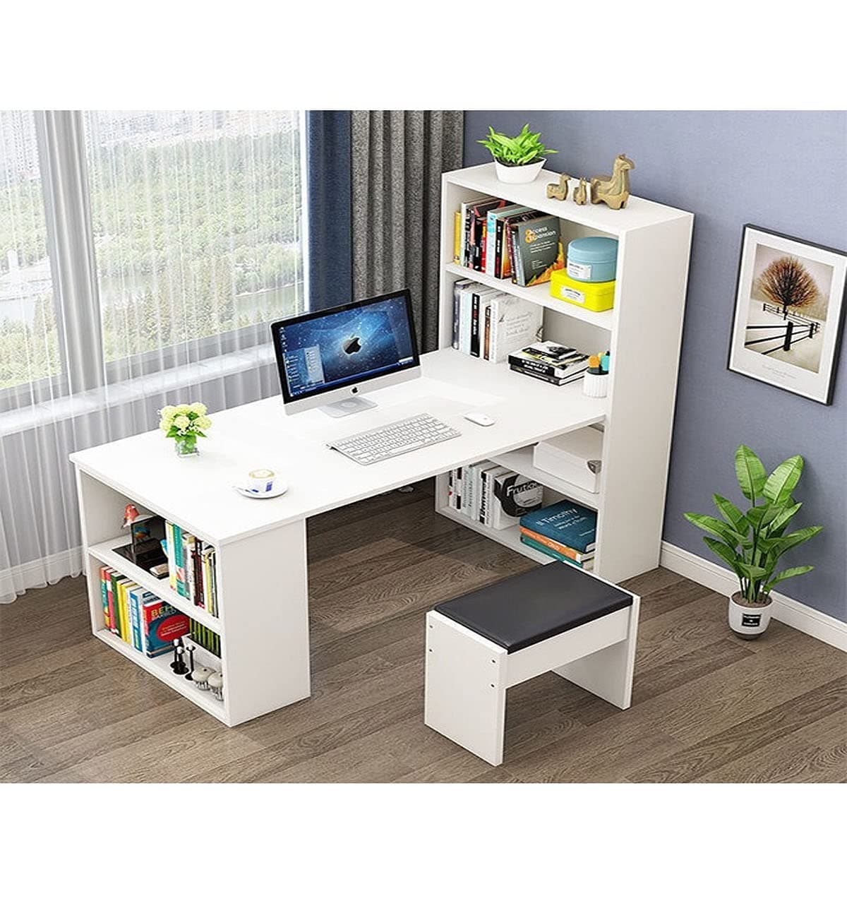 KUTIS Computer Table and Study Desk - Modern Design Wooden Laptop desk for Home, Office, and Study Room with Bookshelves White Computer Desk